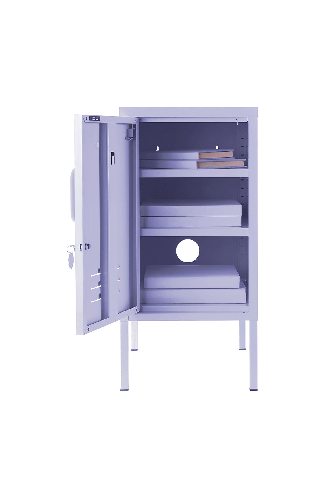 The shorty (to the left) locker in lilac with door open.