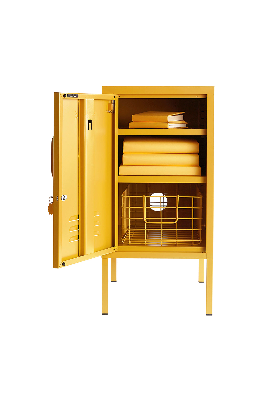 The shorty (to the left) locker in mustard with door open.