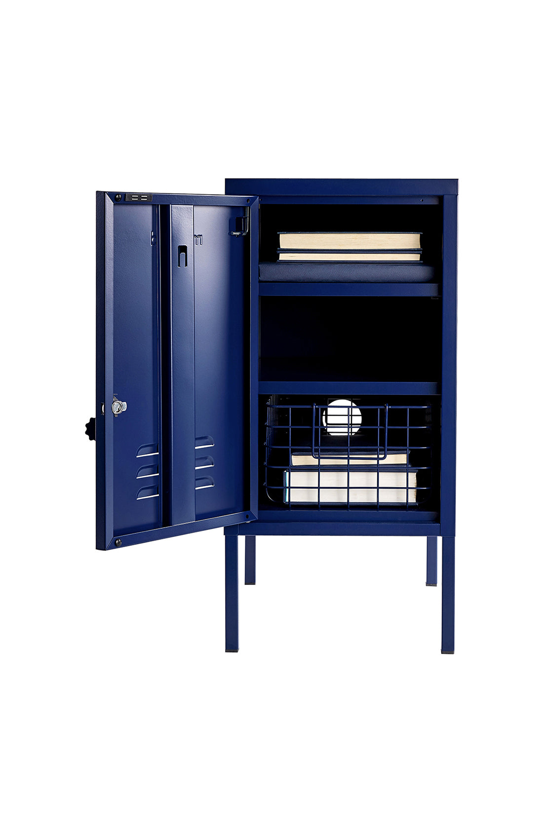 The shorty (to the left) locker in navy with door open.