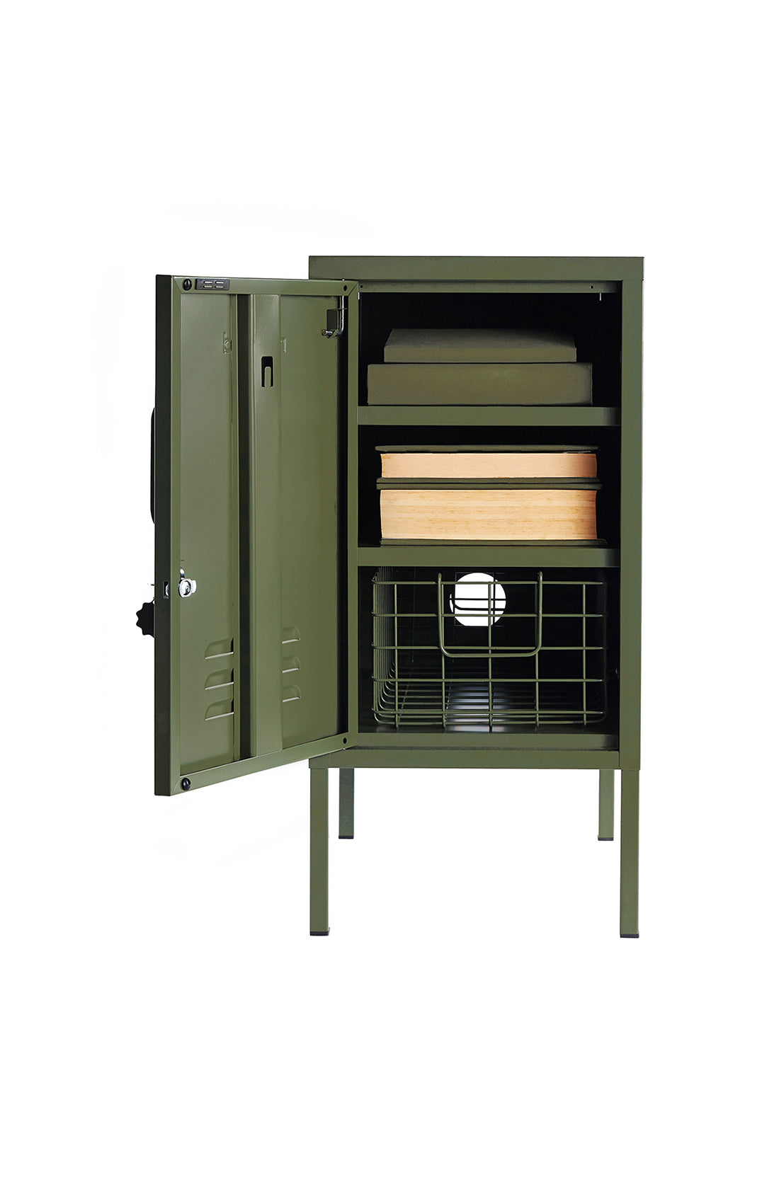 The shorty (to the left) locker in olive with door open.