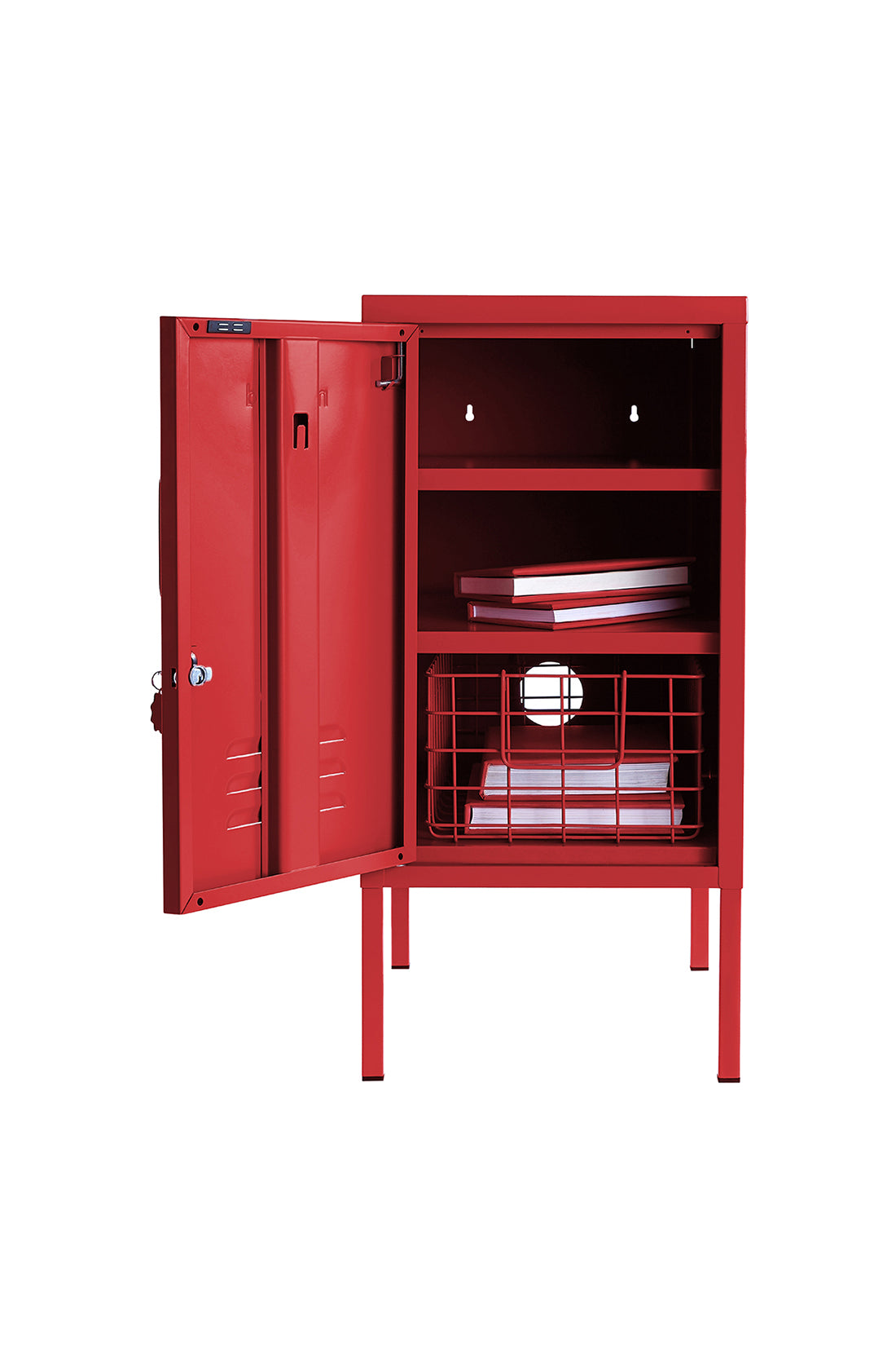 The shorty (to the left) locker in poppy with door open.