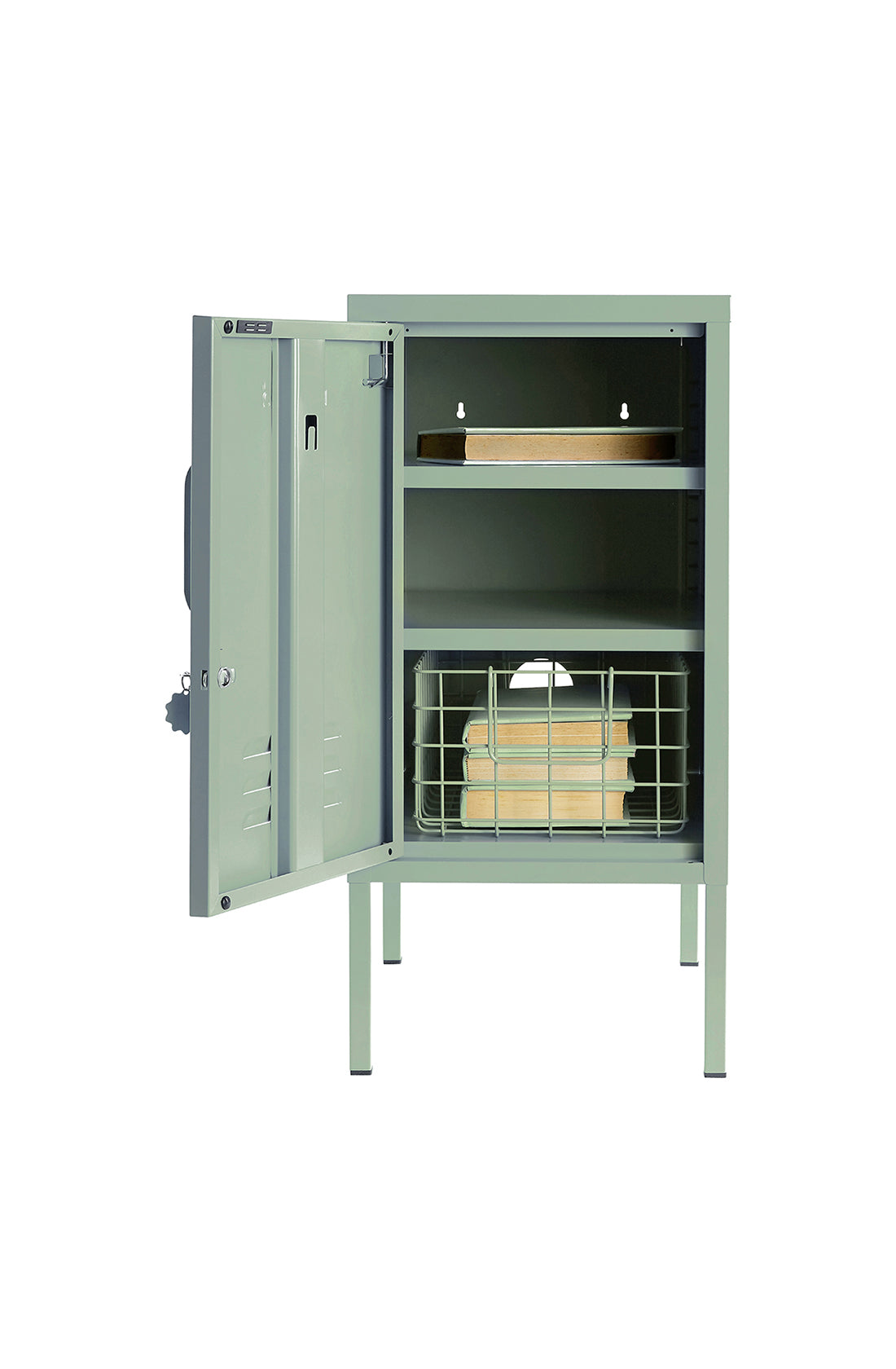 The shorty (to the left) locker in sage with door open.