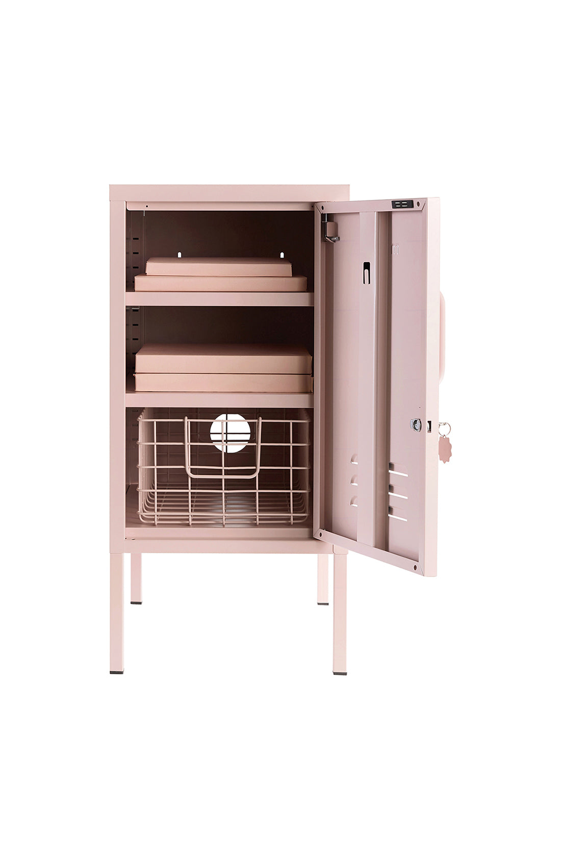 The shorty (to the right) locker in blush with door open.