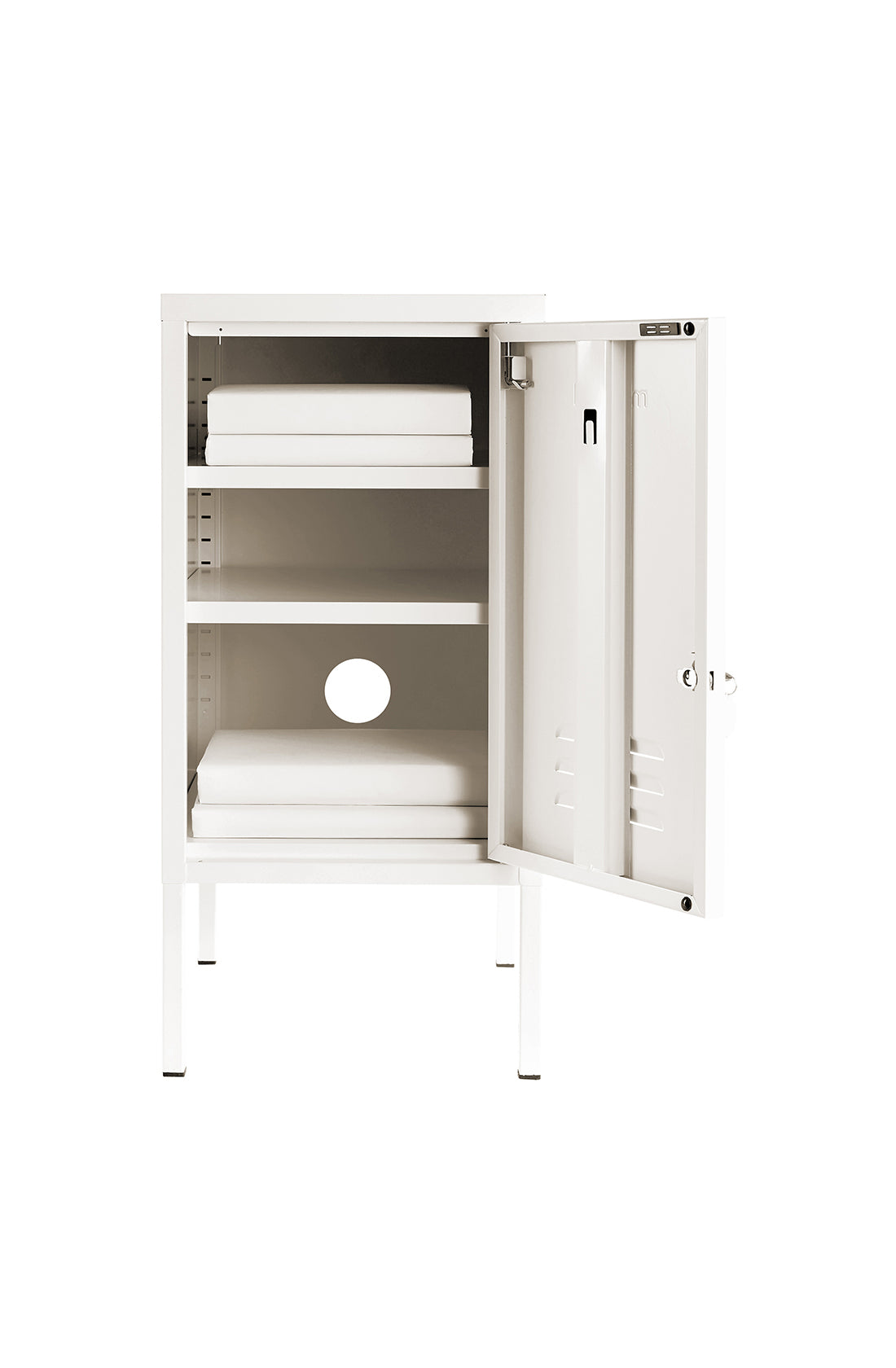 The shorty (to the right) locker in chalk with door open.