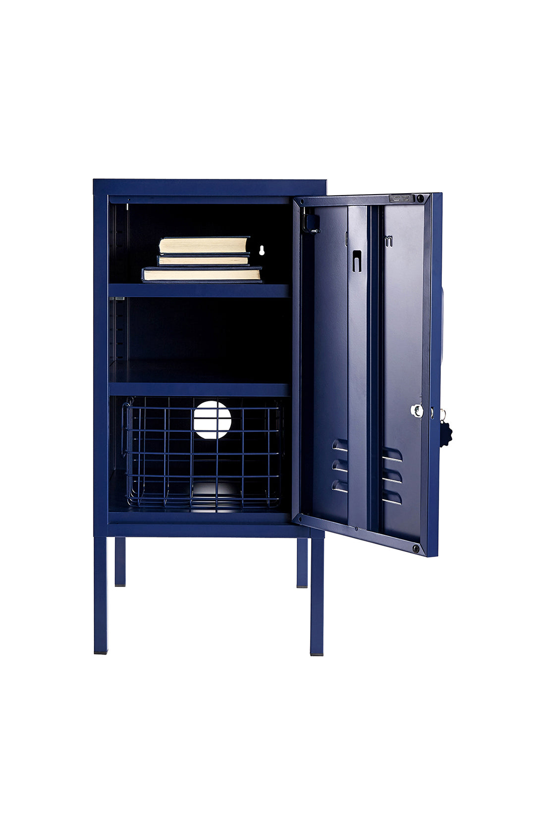 The shorty (to the right) locker in navy with door open.