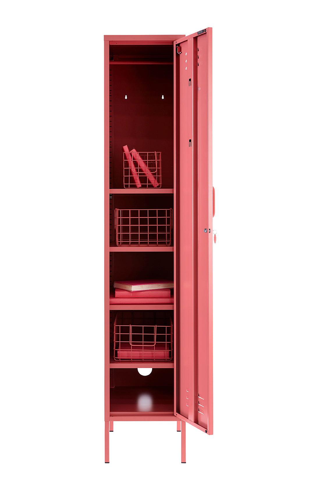 The skinny locker in berry with door open.