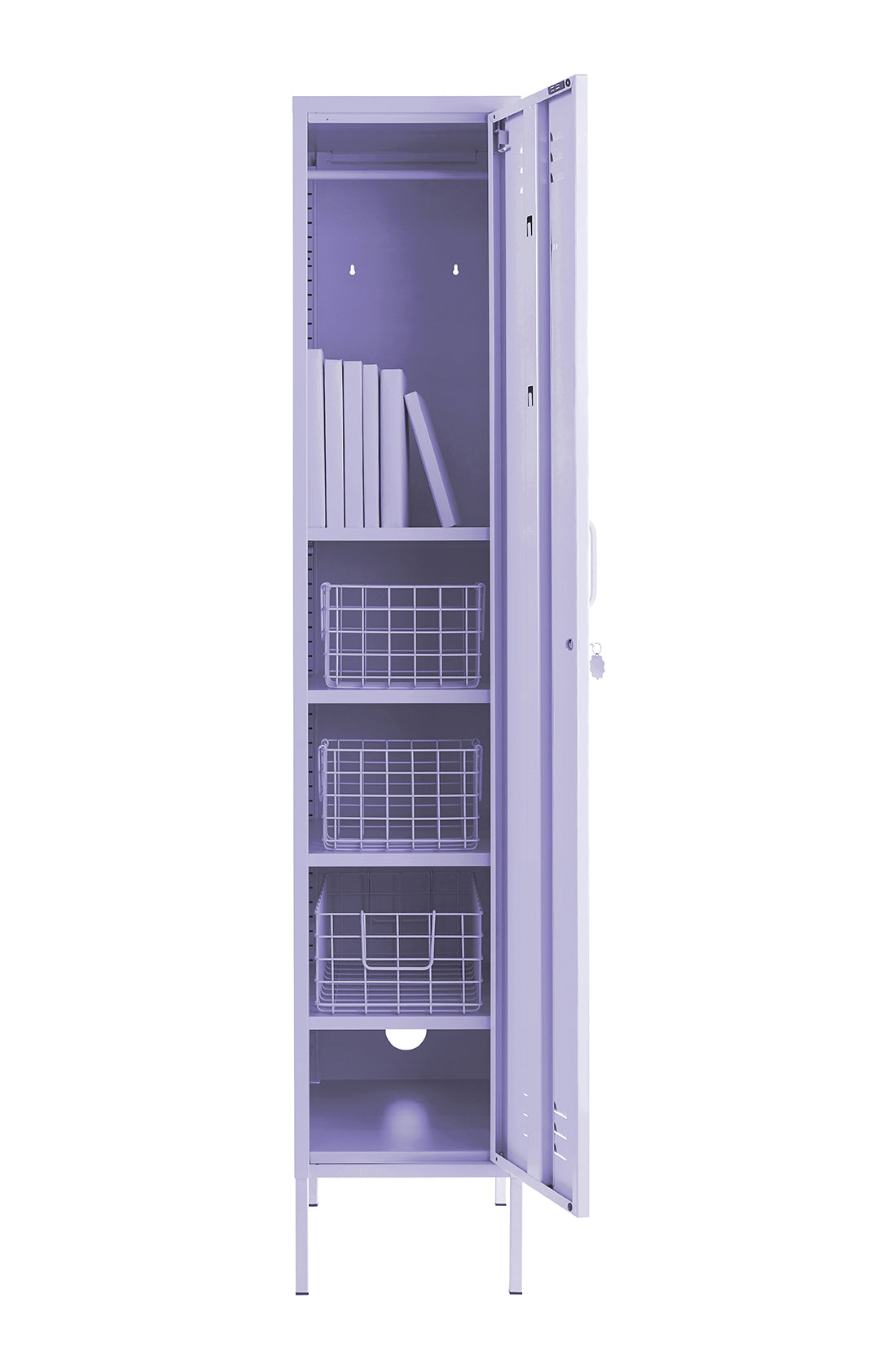 The skinny locker in lilac with door open.