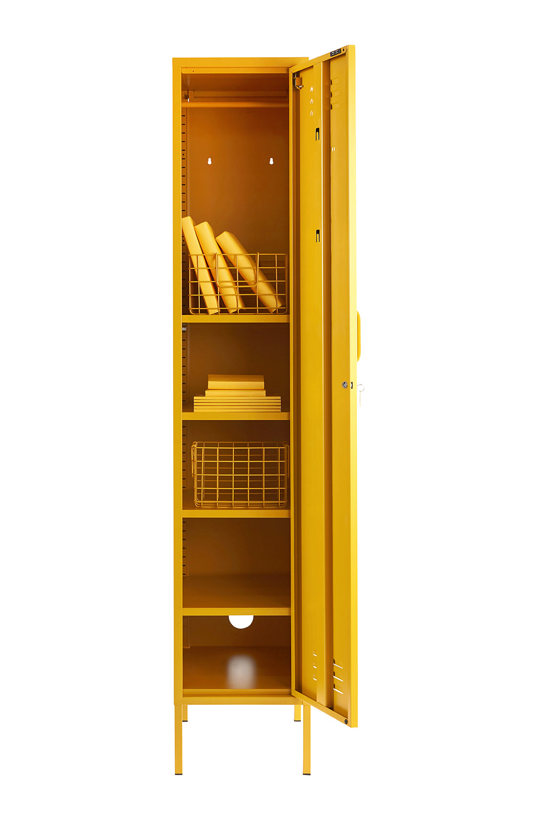 The skinny locker in mustard with door open.