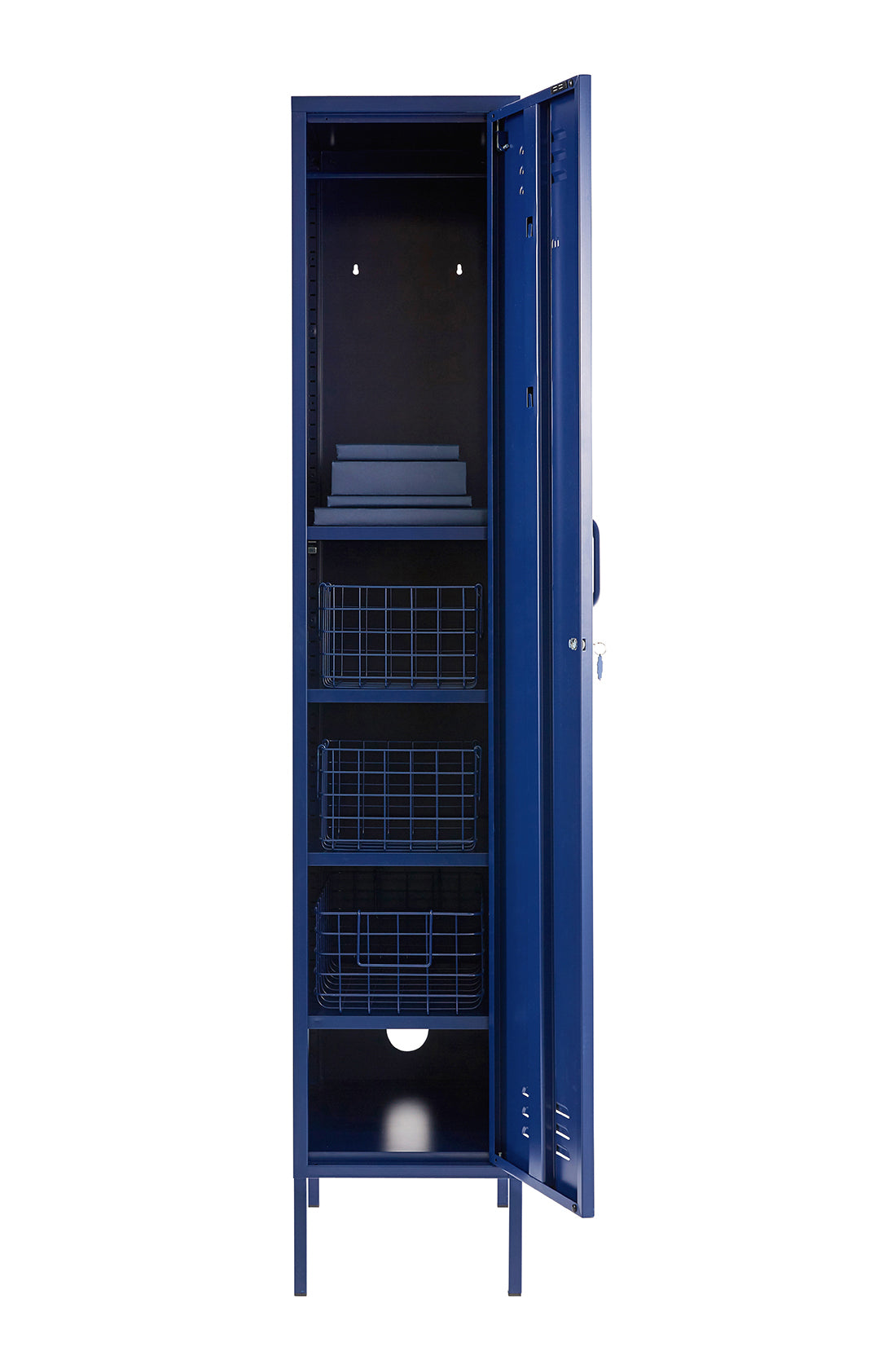 The skinny locker in navy with door open.