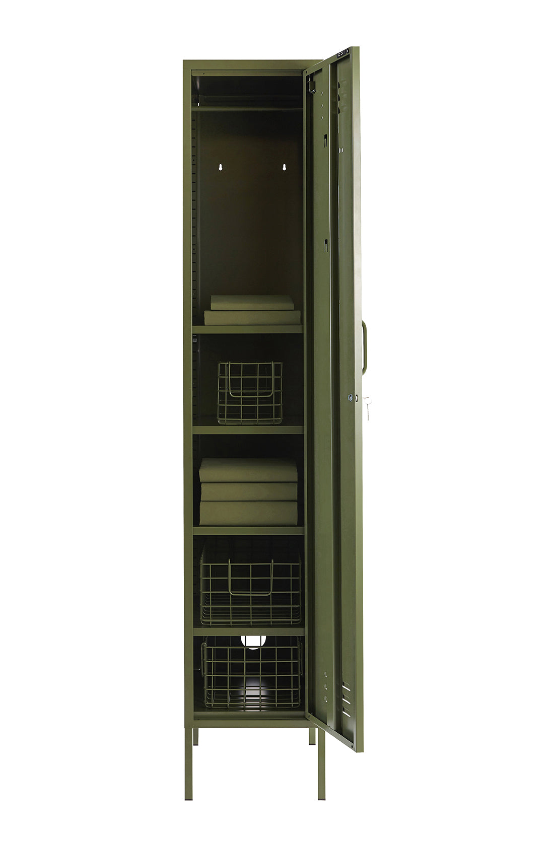 The skinny locker in olive with door open.