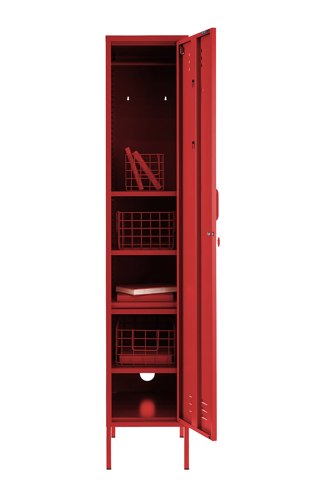 The skinny locker in poppy with door open.