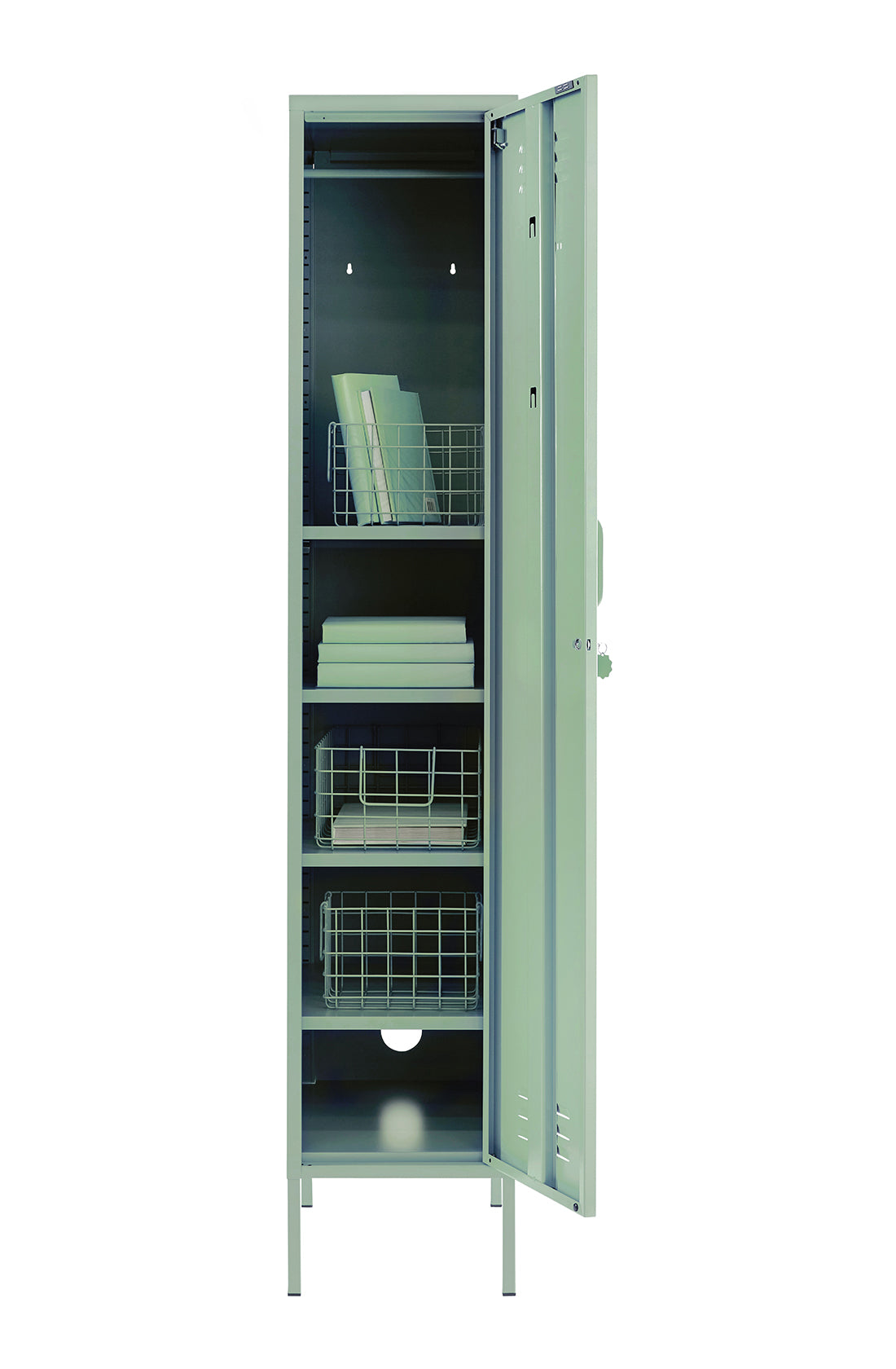 The skinny locker in sage with door open.