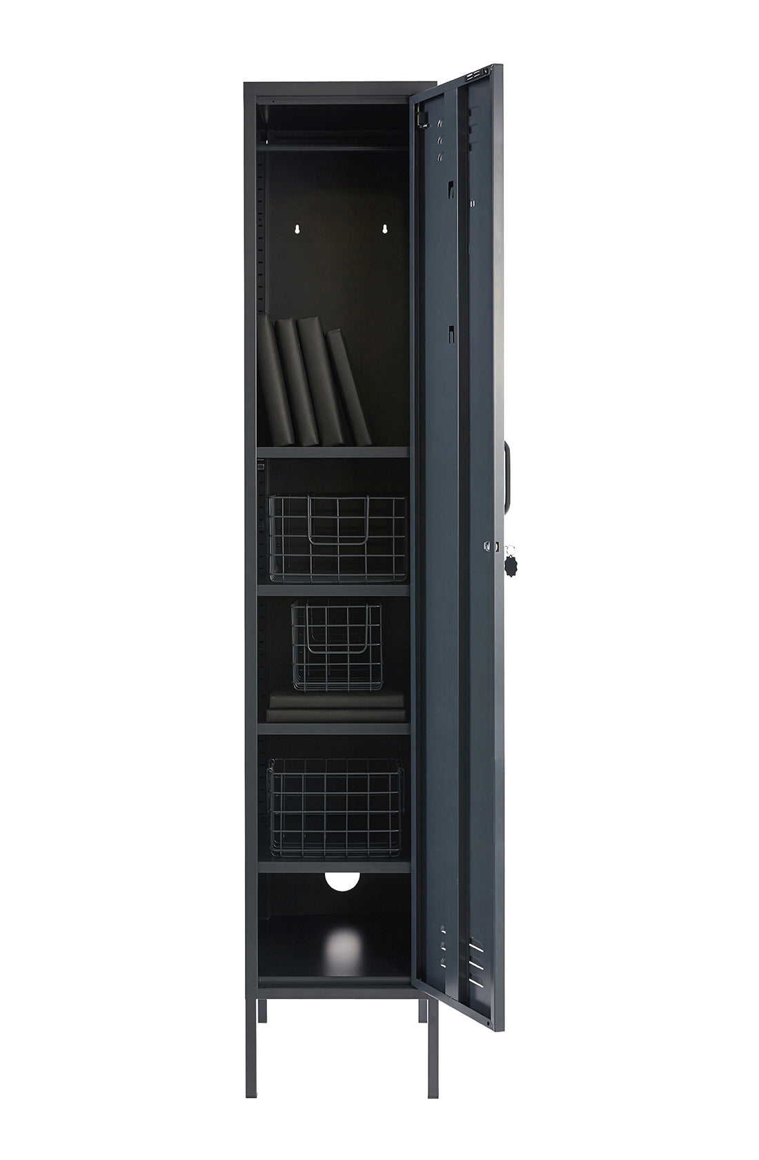 The skinny locker in slate with door open.