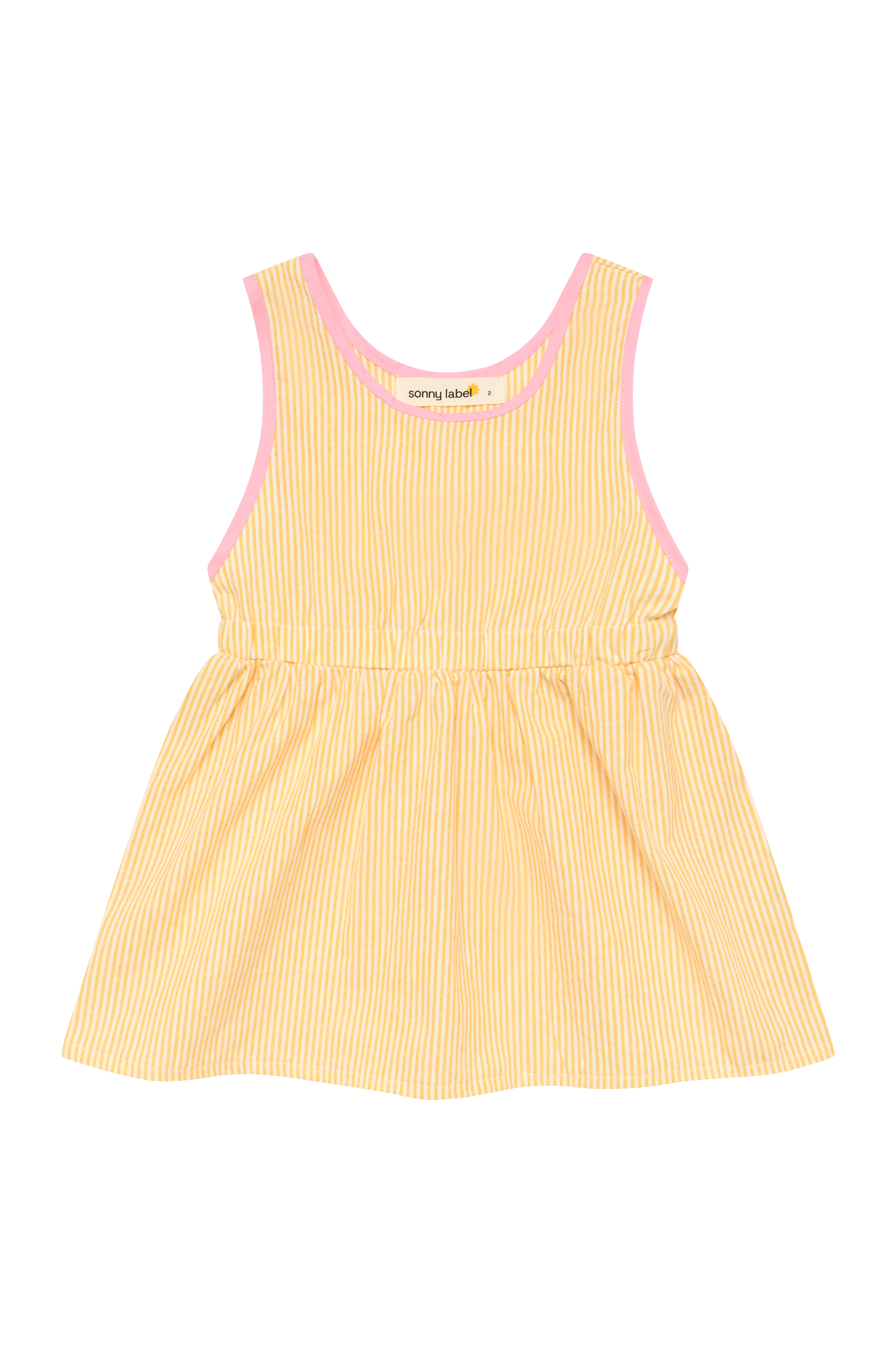 The Stripe Pinafore Lemon by SONNY LABEL is a sleeveless toddler dress with charming yellow and white stripes. Made from 100% cotton, it boasts a round neckline accented with pink trim and a gathered waist, creating a flared skirt that embodies playful elegance for young girls.