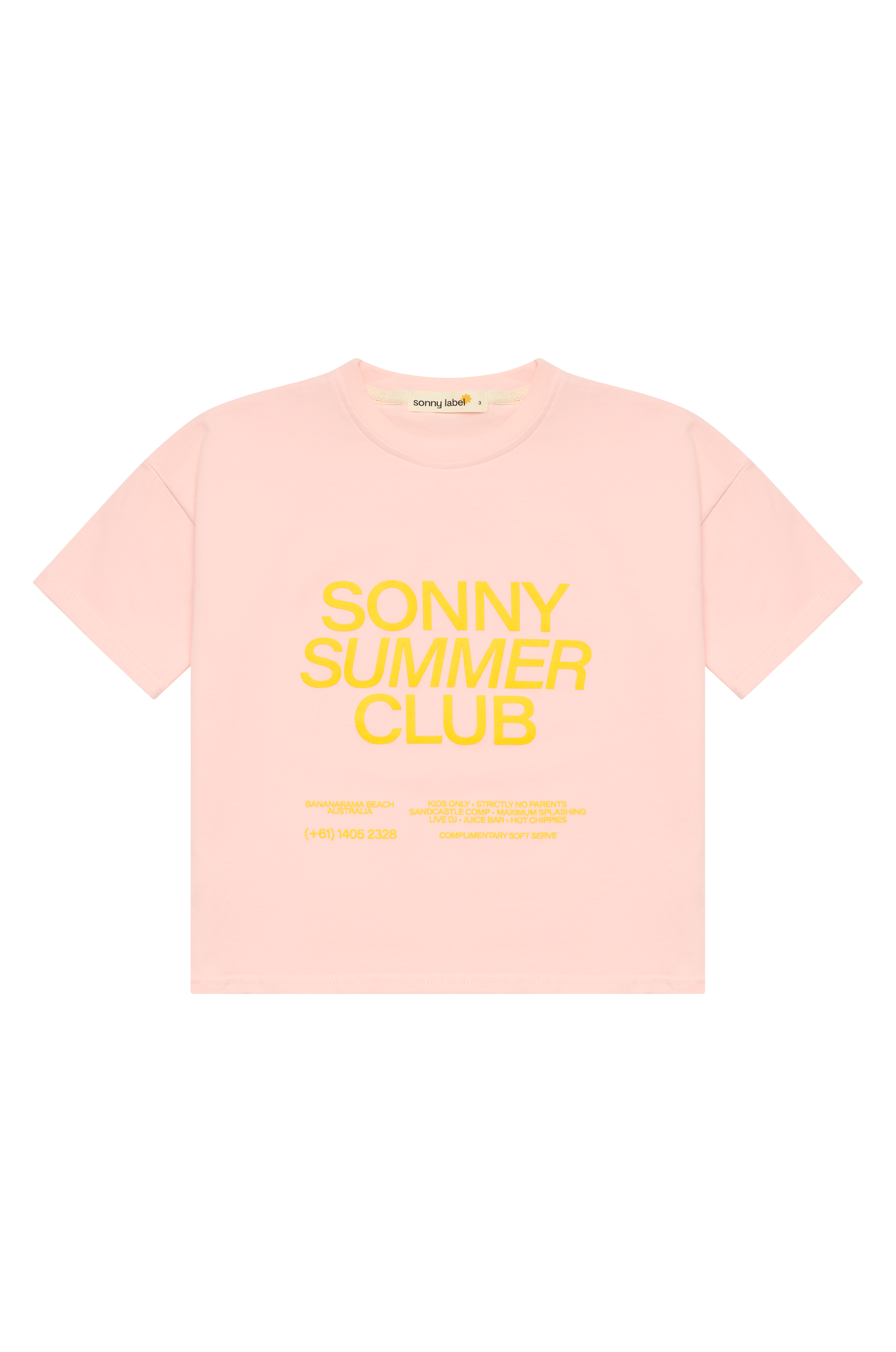 The Summer Club Tee Pink by SONNY LABEL is a standout piece designed for kids, showcasing "SONNY SUMMER CLUB" in bold yellow letters on the front, highlighted by additional small text below it, all set against a light pink background.