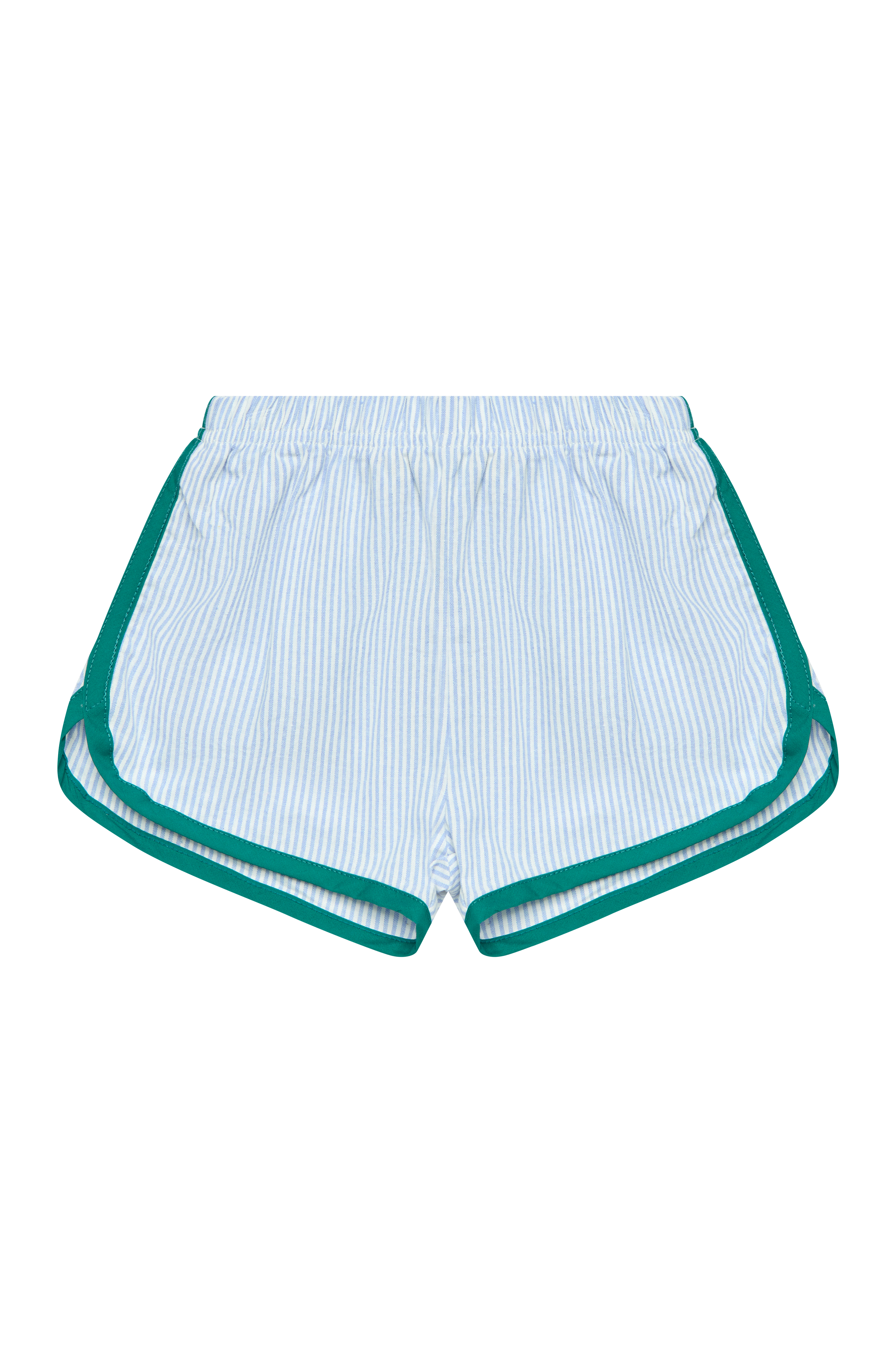 The "Stripe Shorties Blue" by SONNY LABEL are striped athletic shorts with blue and white vertical stripes, featuring teal contrast binding and an elastic waistband designed for summer comfort. Set against a black background, these cotton stripe shorts are perfect for any warm-weather activity.