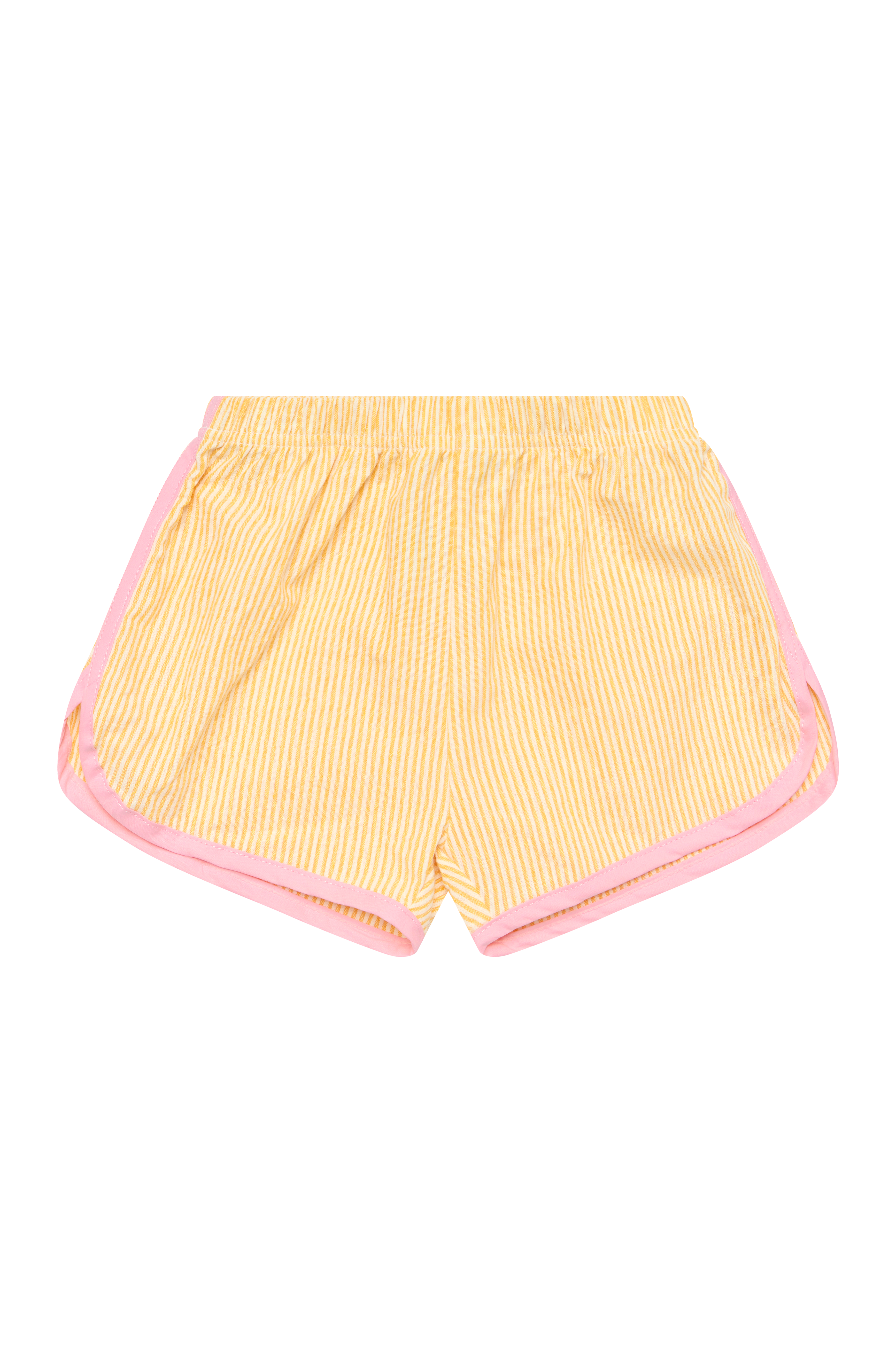 The Stripe Shorties Lemon by SONNY LABEL boast a lively yellow and pink striped cotton design with an elastic waistband and pink contrast binding, making them the perfect choice for summer comfort. Displayed from the front against a black background, these shorts will surely make a vibrant addition to any warm-weather wardrobe.