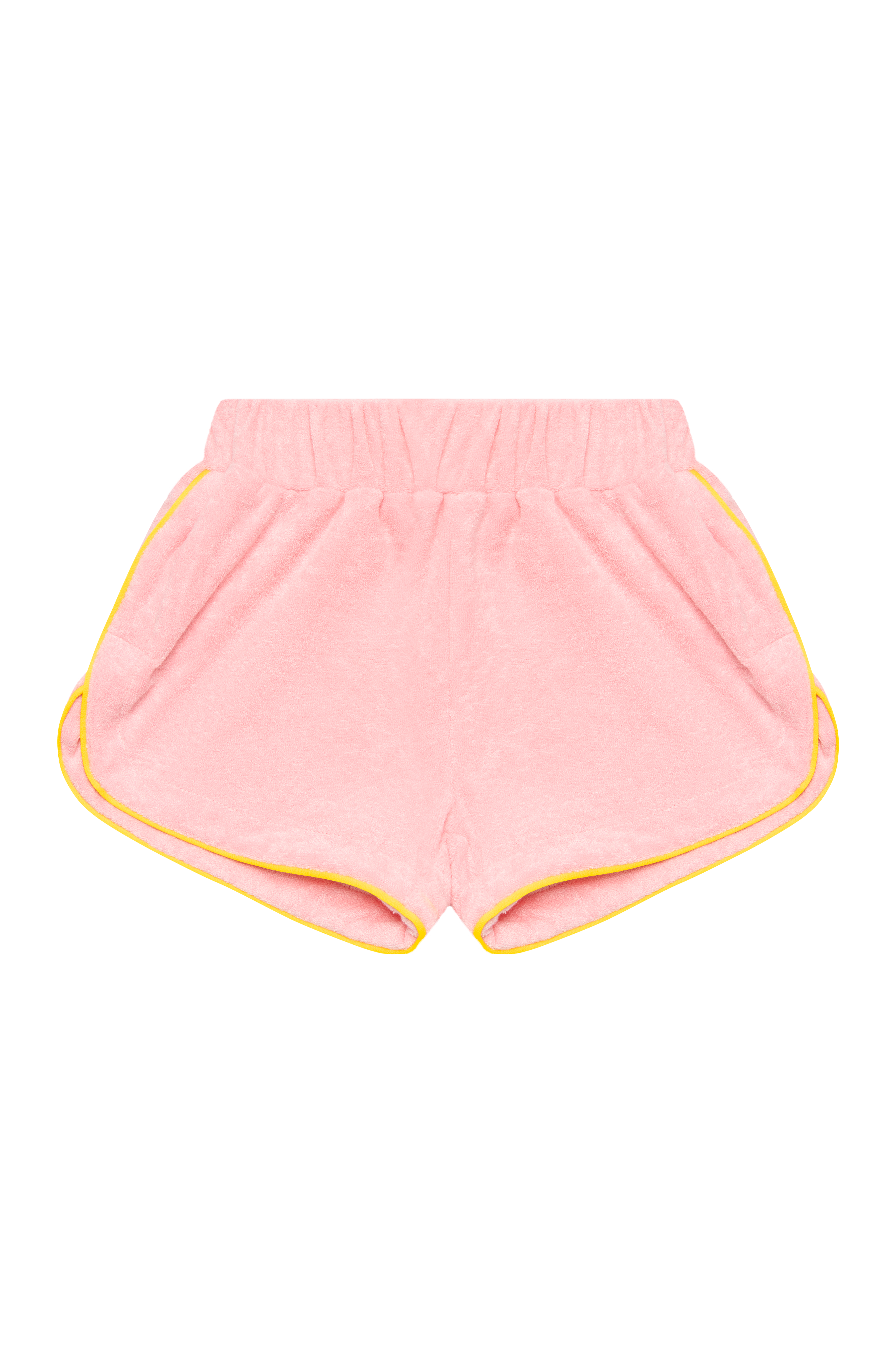 The Terry Shorties Pink from SONNY LABEL are crafted from pink cotton terry cloth and designed with a loose fit, showcasing yellow piping along the edges. They feature an elastic waistband and round pockets on each side, capturing the casual charm typical of towel shorties. The shorts are displayed against a solid black background.