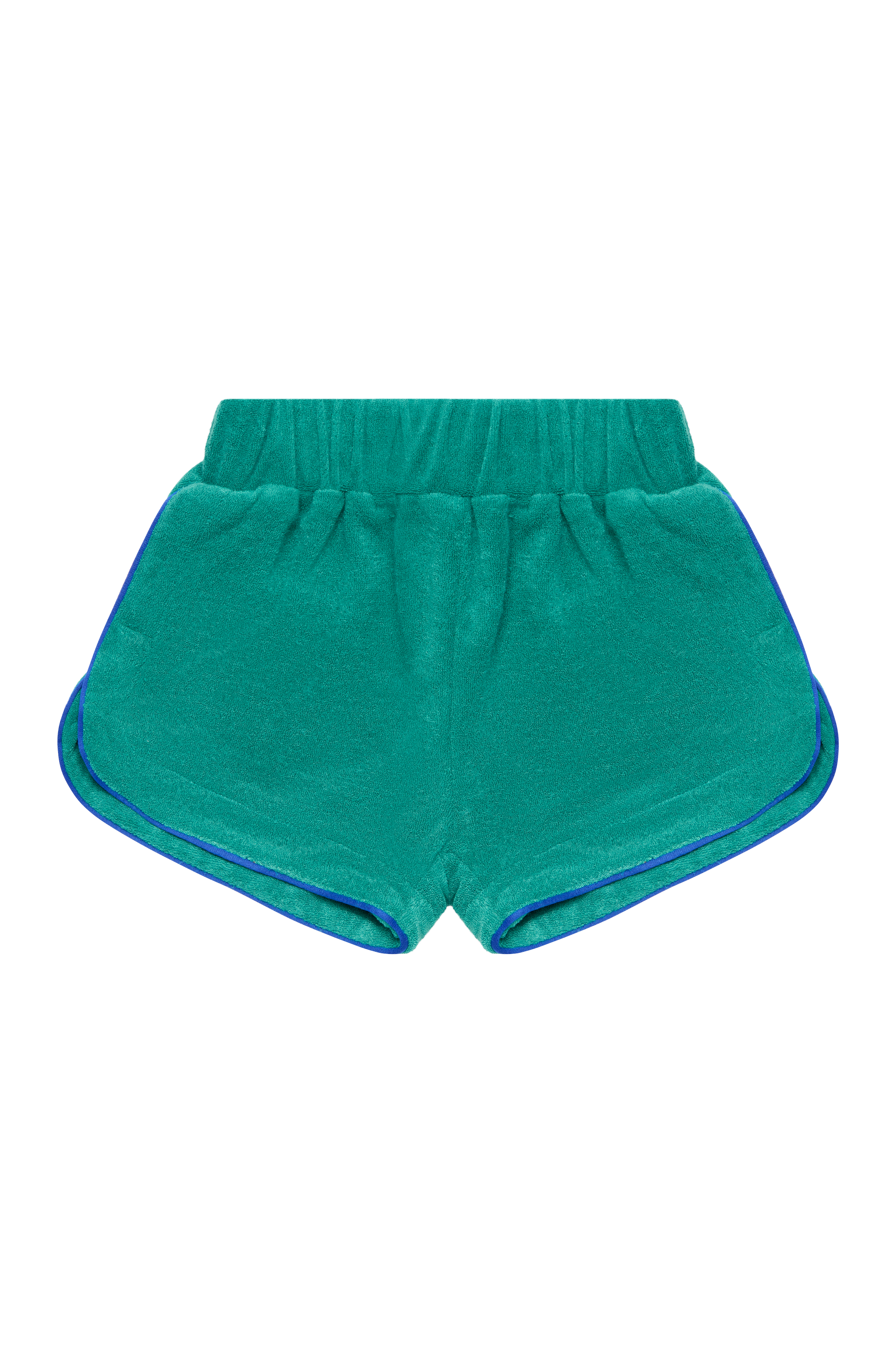 Introducing the Terry Shorties Teal from SONNY LABEL: These stylish shorts come in a refreshing teal color and feature a comfortable elastic waistband. The rounded edges add a touch of flair, while the loose fit is accented by sporty blue trimming along the sides. Crafted from soft cotton terry, these shorts promise ultimate comfort.