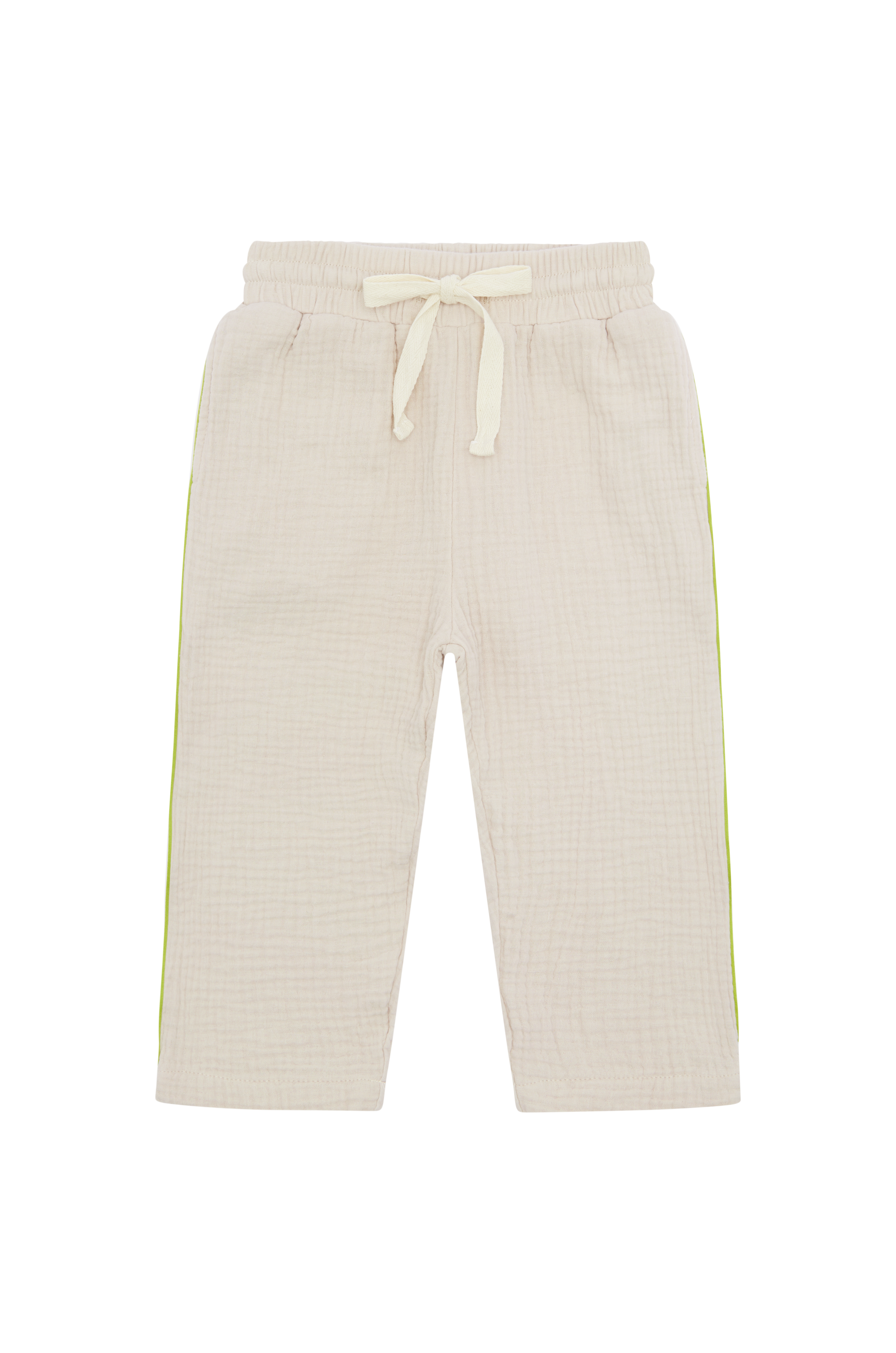 The Muslin Pants with Olive Stripe from SONNY LABEL are cream-colored and ideal for spring days. They feature an elastic waistband with a drawstring and are made of 100% cotton. These pants offer a simple, casual design perfect for active kids, complete with subtle green side stripes and textured fabric.