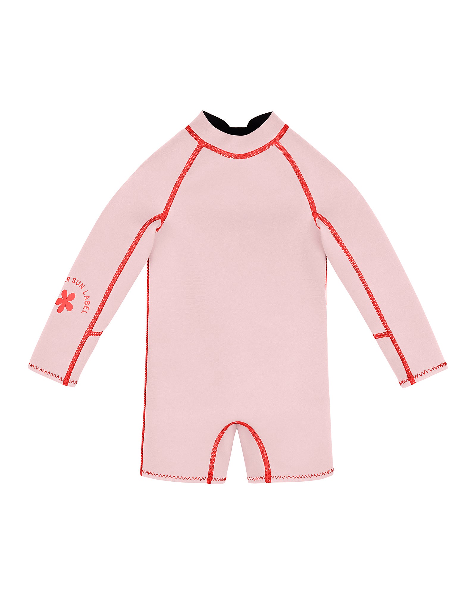 The Long Sleeve Springsuit Wetsuit in Powder Pink/Tomato by SUMMER SUN LABEL is crafted from sustainably sourced natural rubber and highlights red seam accents alongside a delightful flower logo on the left sleeve. This straightforward and functional design is ideal for toddler water activities.