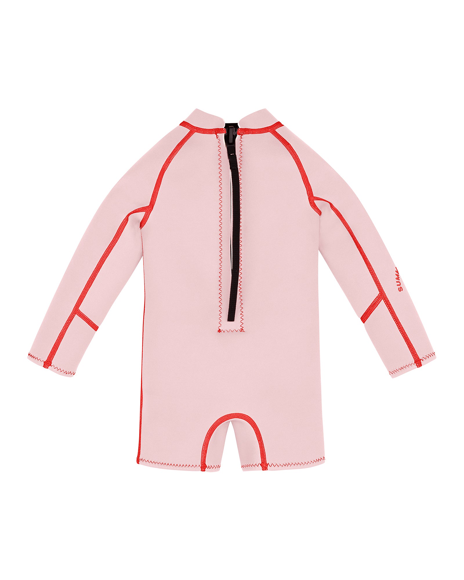 Introducing the Long Sleeve Springsuit Wetsuit in Powder Pink/Tomato by SUMMER SUN LABEL. This toddler-sized wetsuit is crafted from sustainably sourced natural rubber and features stylish red seams with a central black zipper, providing comfort and flair for summer sun adventures.