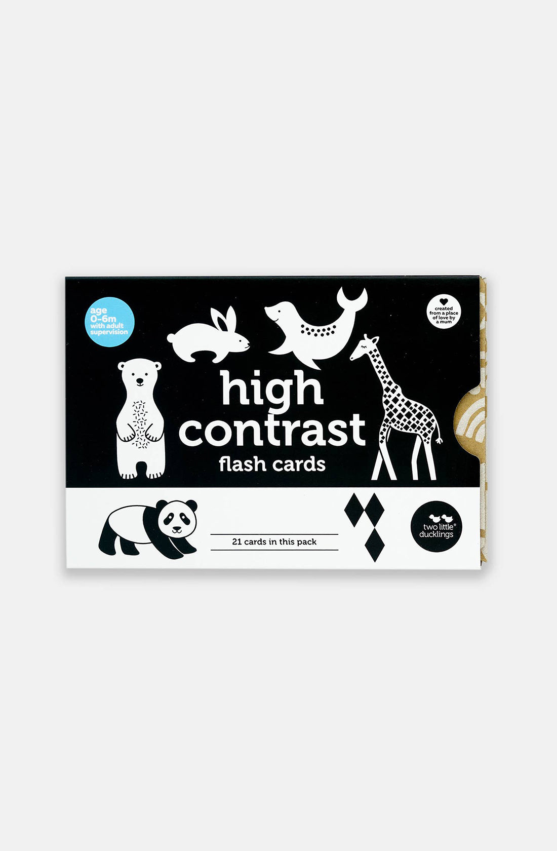 A box of high contrast flash cards designed for babies' cognitive development, produced by TWO LITTLE DUCKLINGS. Predominantly black with white text, it features simple black and white illustrations of various animals, including a panda, bear, seal, bird, and giraffe. This set of "High Contrast Flash Cards" contains 21 cards.