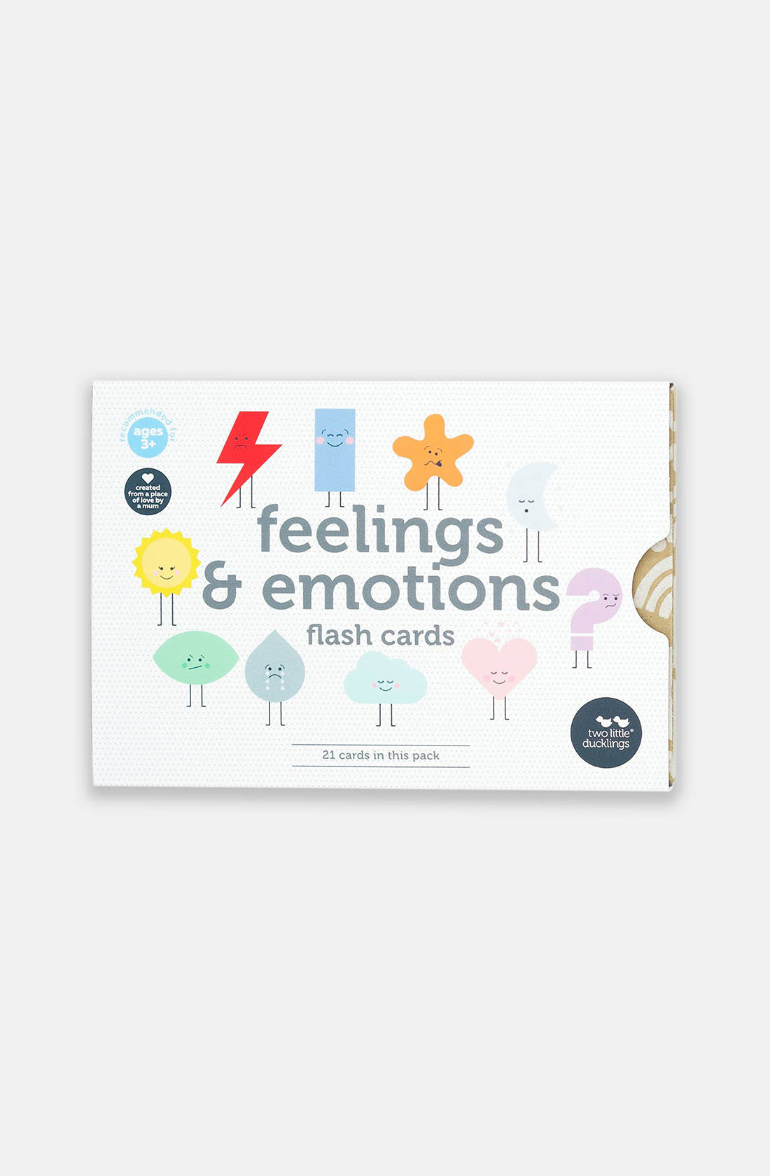 The image shows a pack of "Feeling and Emotion Flash Cards" by TWO LITTLE DUCKLINGS designed for children. The packaging features illustrated characters representing different emotions, such as a happy sun, sad raindrop, and angry thunderbolt. This 23-card pack is perfect for enhancing communication skills in kids aged 2+.