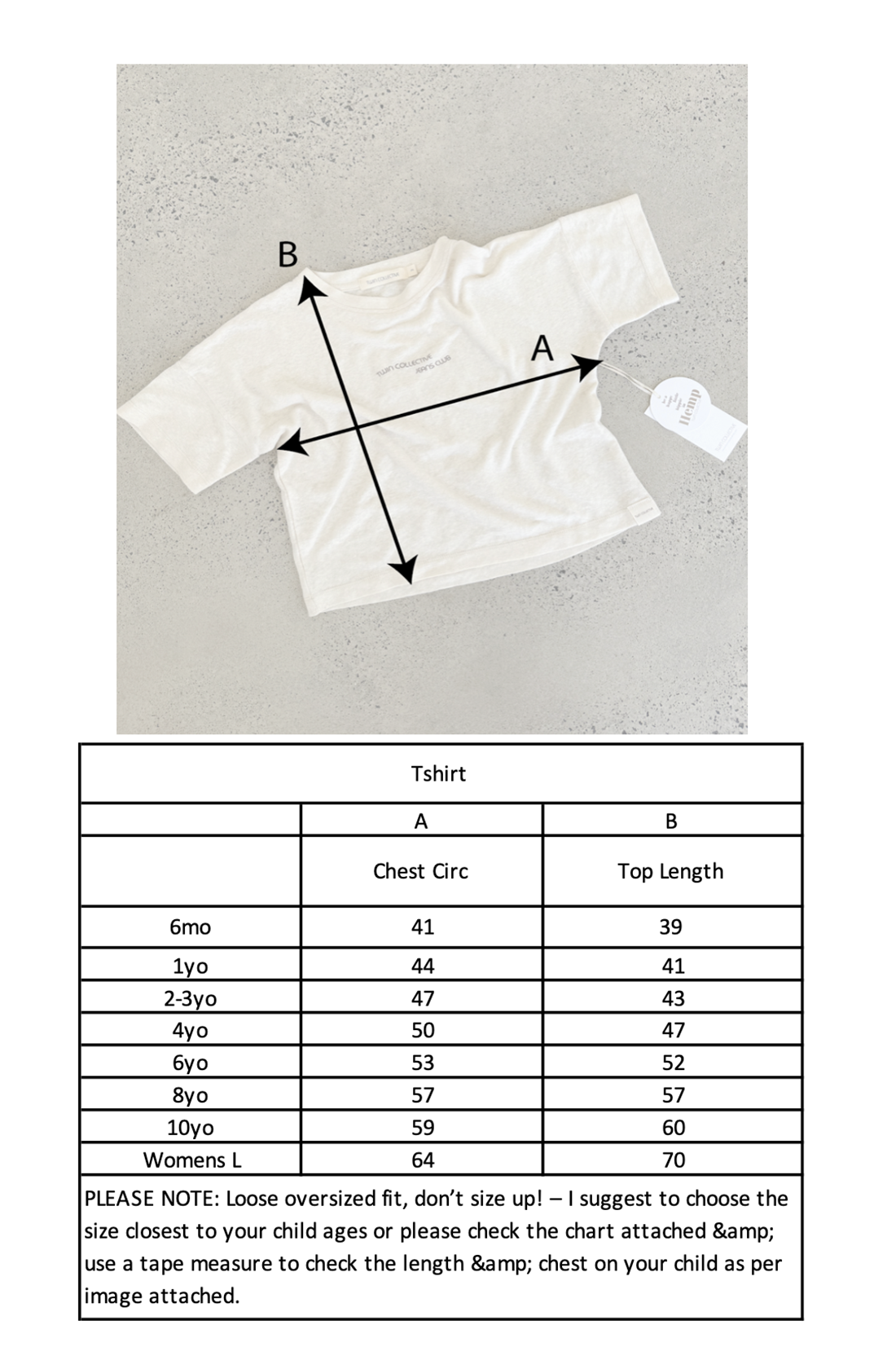 A white Sweet Child Tee from TWIN COLLECTIVE, made of 100% cotton, is laid flat with arrows indicating chest circumference (A) and top length (B). Below is a size chart listing measurements for different ages, ranging from kids tees for 6 months to women's L. The note advises not to size up to ensure the perfect fit.