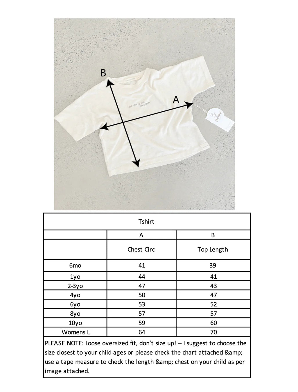 The Twin Collective ~ Stripe Tee Green by TWIN COLLECTIVE is laid flat, made from 100% cotton, with lines measuring width (A) and length (B). Below, a size chart shows chest circumference and top length for all ages. Use these to choose the perfect fit from kids' tees to women's large.