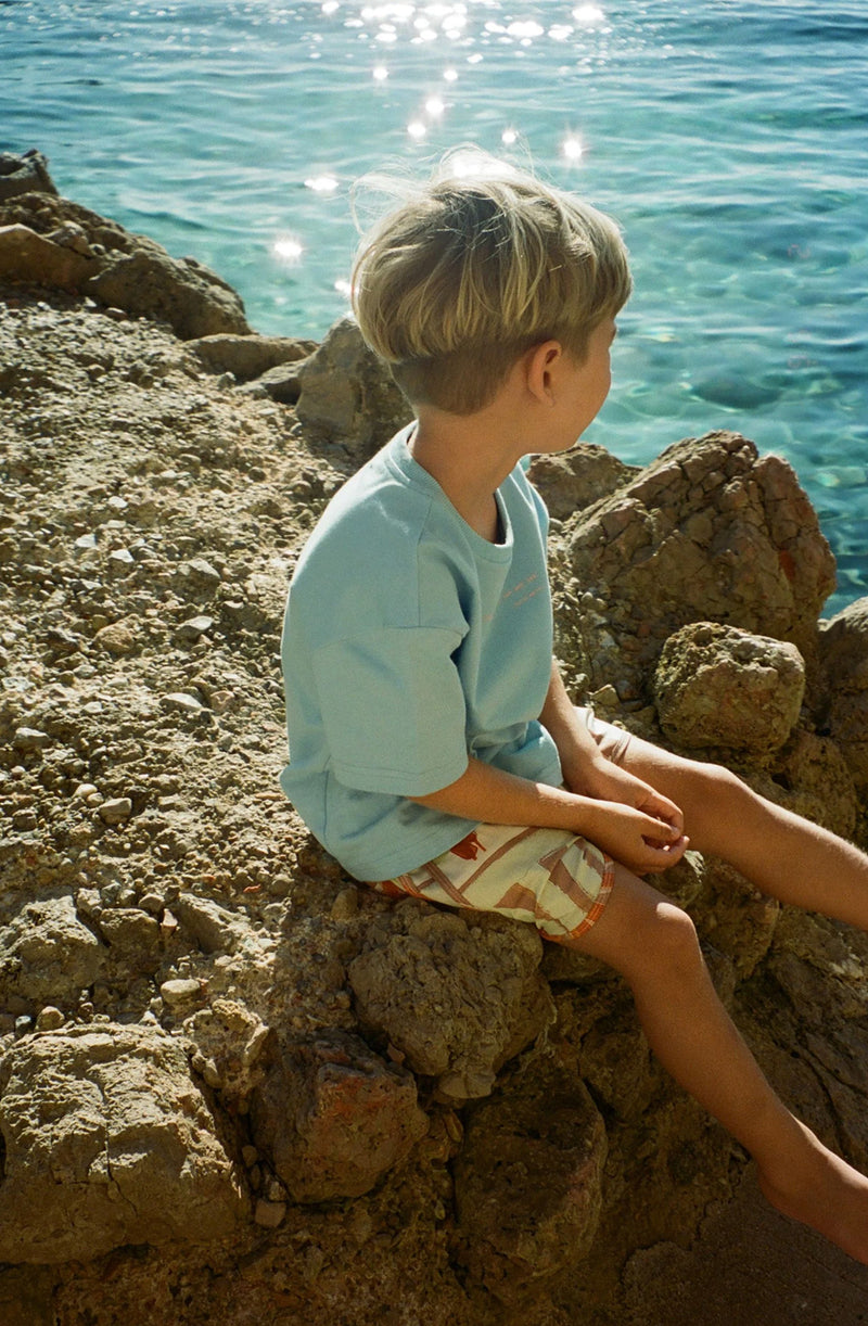 Boy sitting on a rocky beach wearing the sun and sea tee