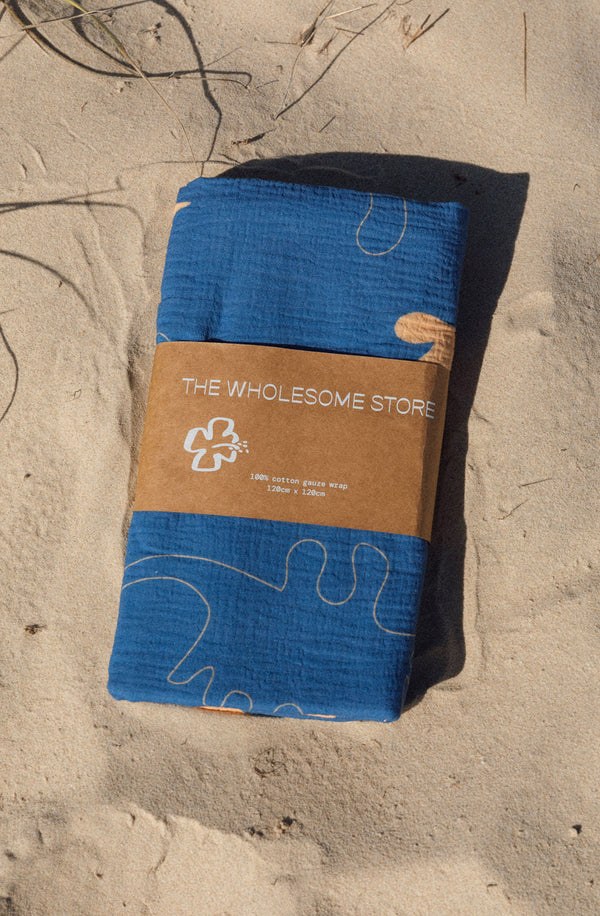 Dino swaddle wrapped in a kraft paper belly band laying in the sand