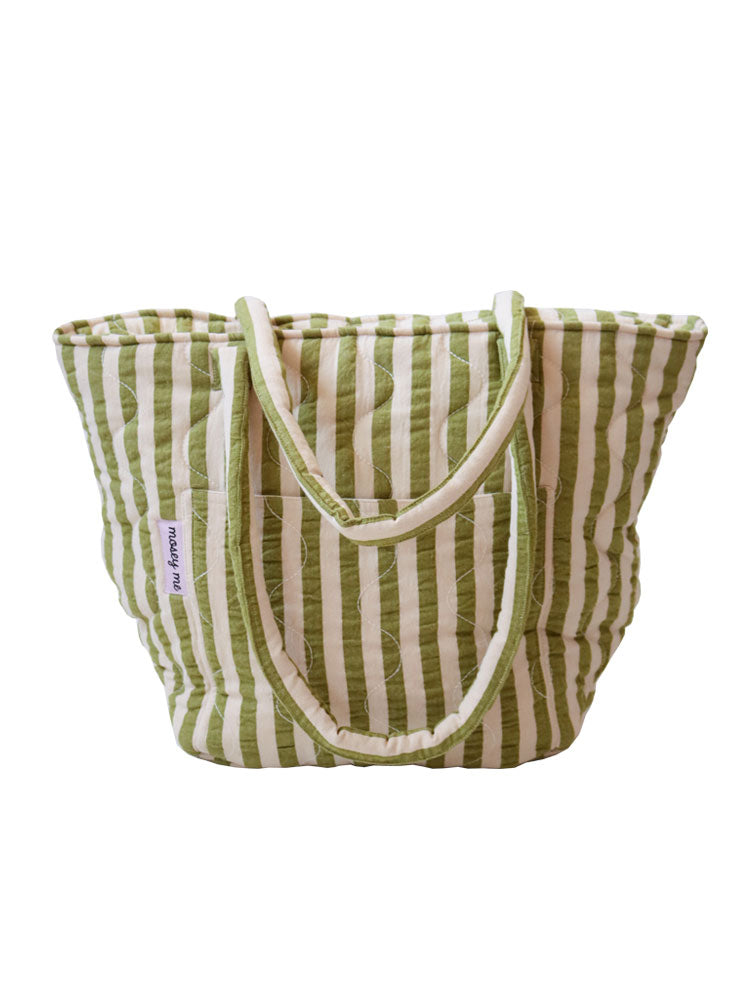 Mosey Me Pistachio Seersucker Quilted Bag on shoulder