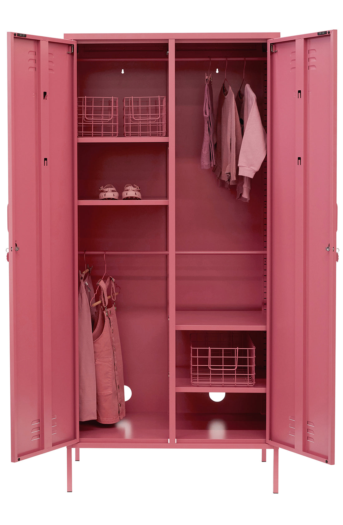 The twinny locker in berry with doors open.