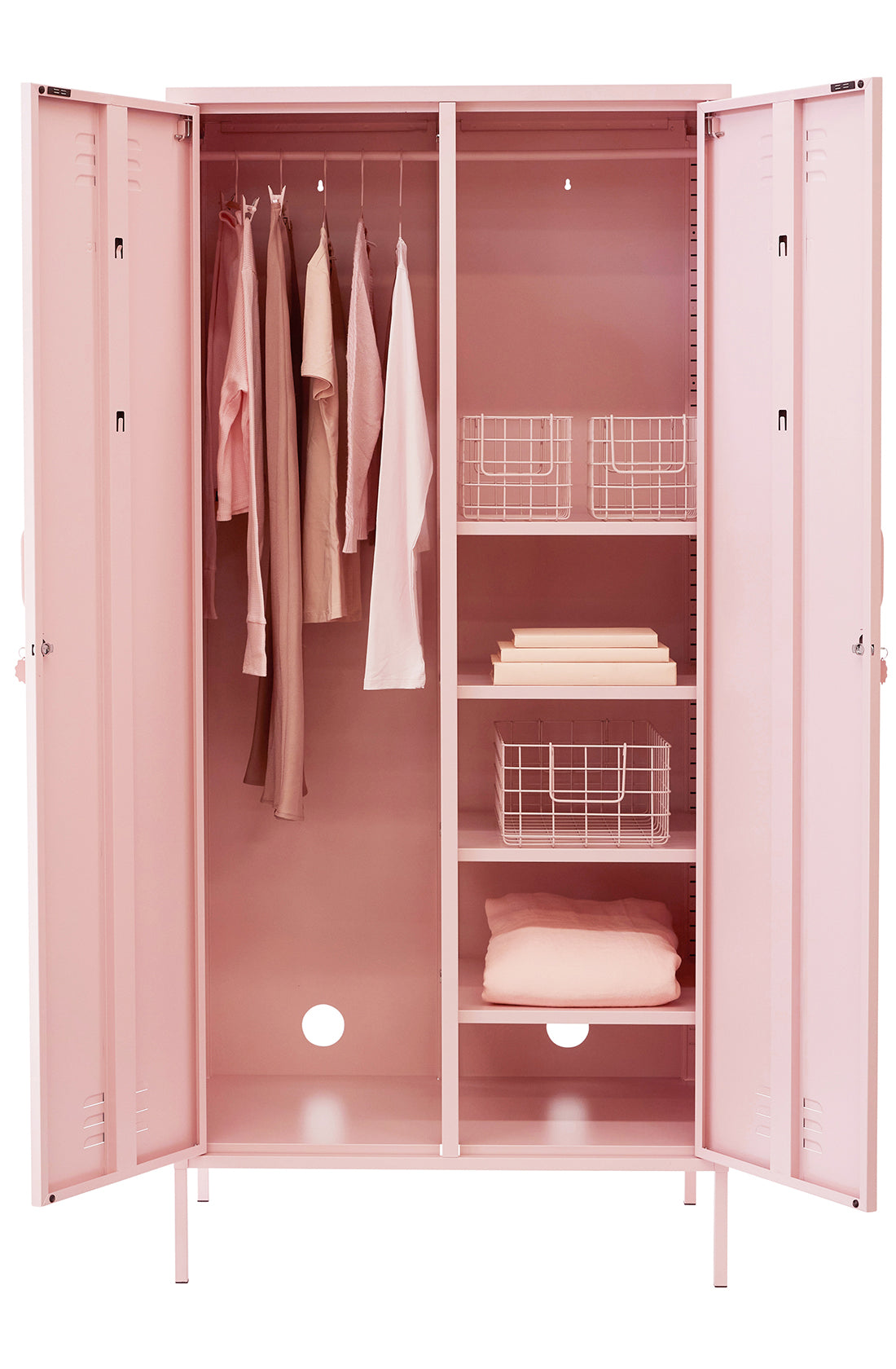 The twinny locker in blush with doors open.