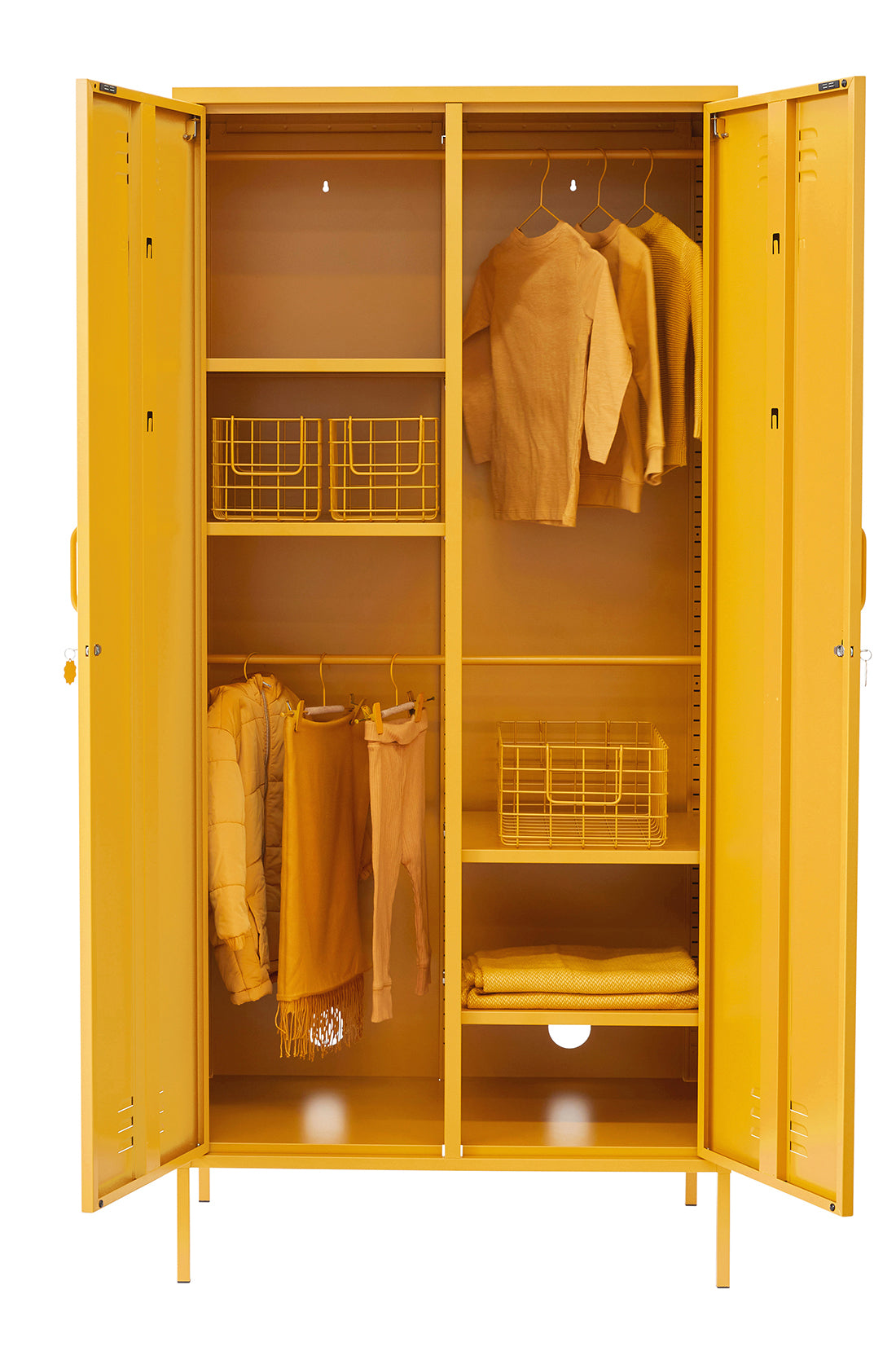 The twinny locker in mustard with doors open.