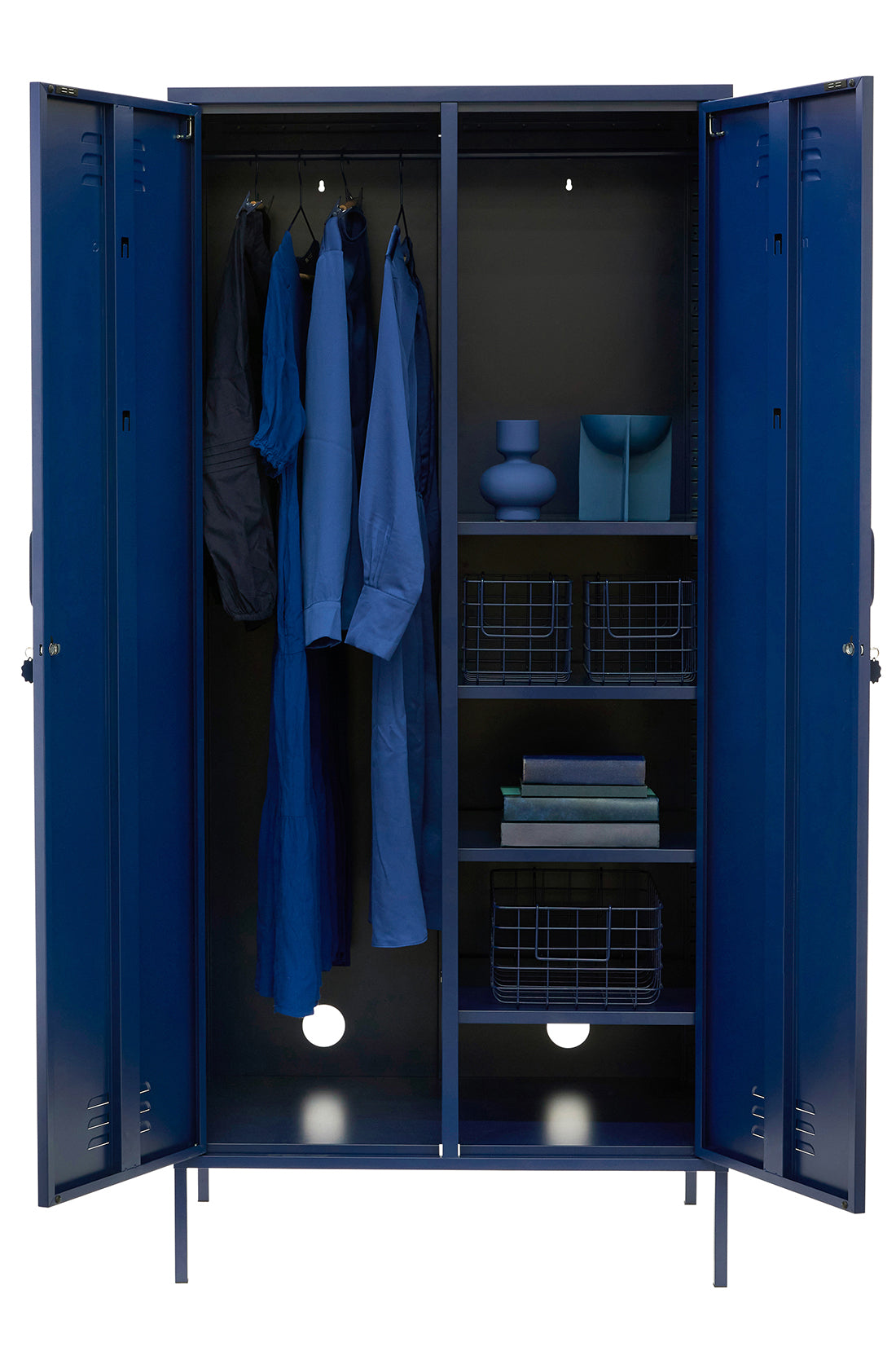 The twinny locker in navy with doors open.