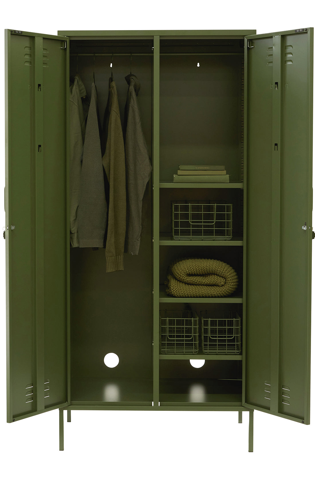 The twinny locker in olive with the doors open.