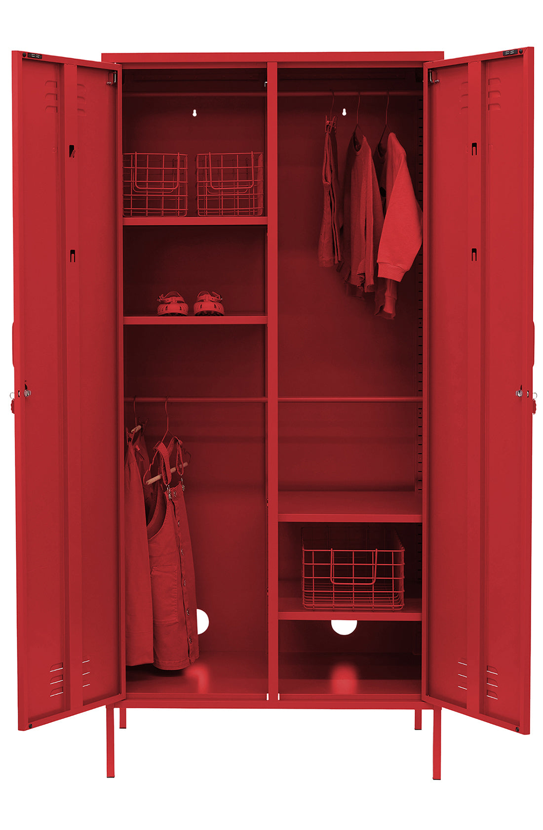 The twinny locker in poppy with doors open.