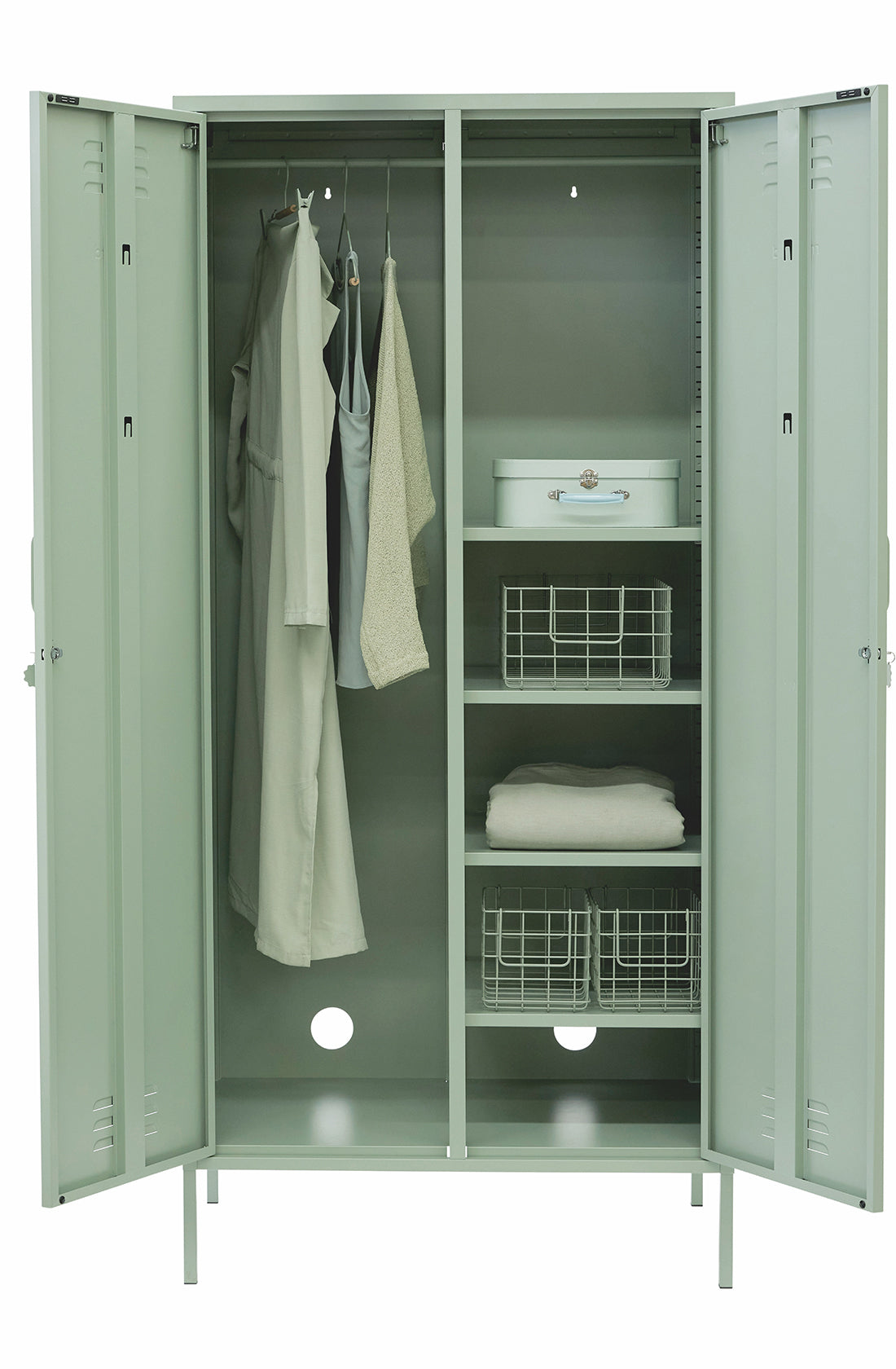 The twinny locker in sage with the doors open.