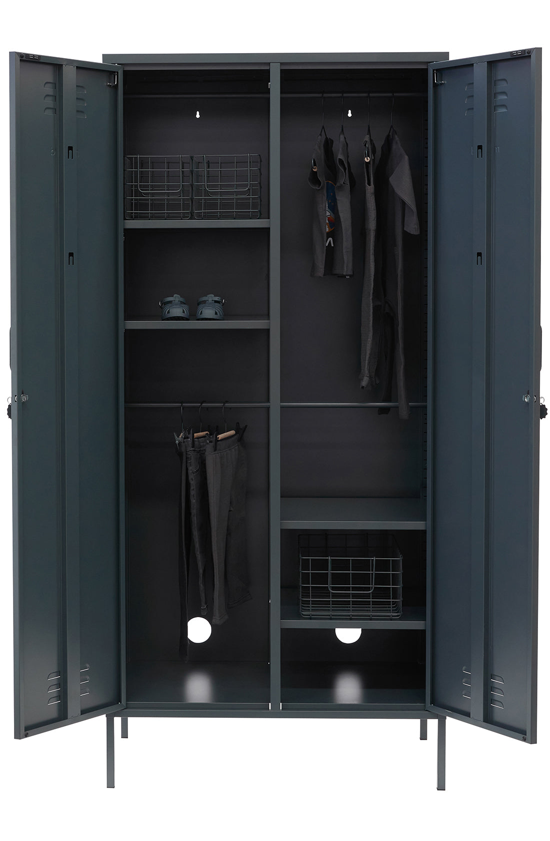 The twinny locker in slate with the doors open.