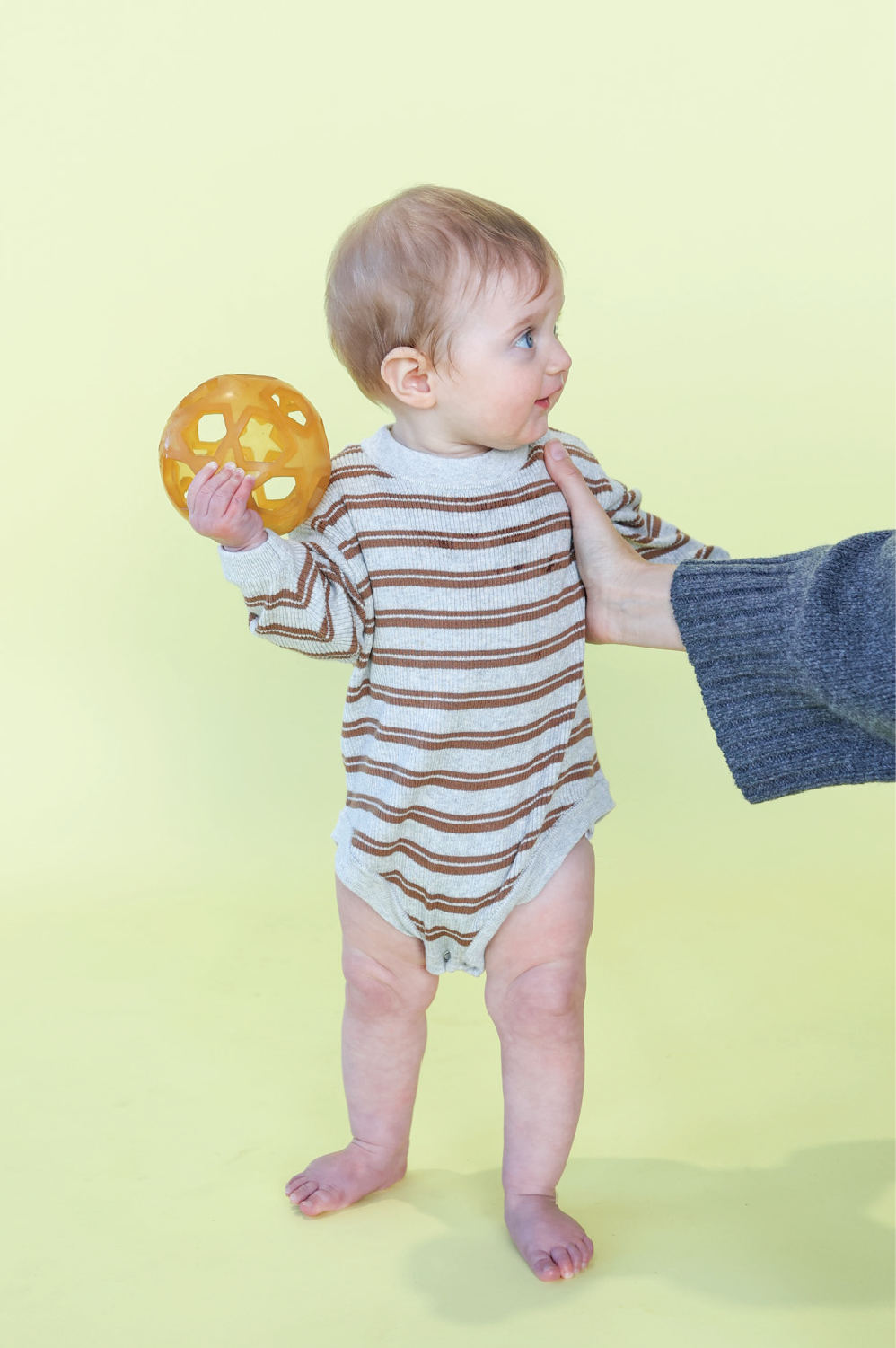 Grown - Organic Ribbed Stripe Knit Romper Grey Marle/Brownie
