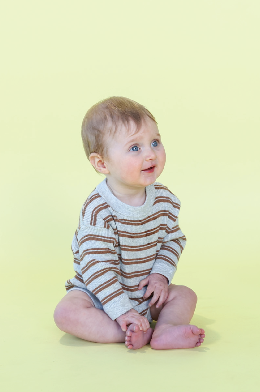 Grown - Organic Ribbed Stripe Knit Romper Grey Marle/Brownie