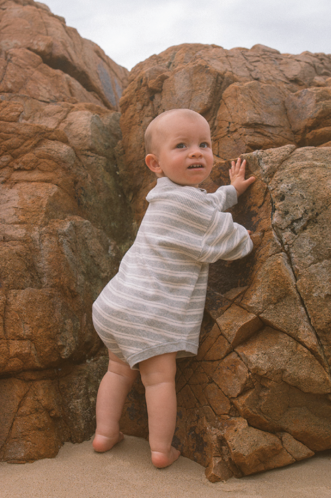 Grown - Organic Ribbed Stripe Knit Romper Grey Marle/Milk