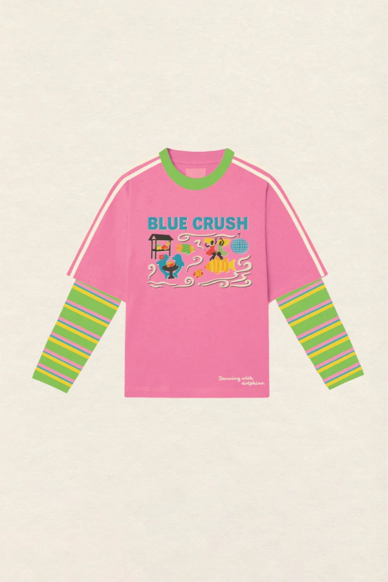Spicy Dugong - Adults Blue Crush Layered Long Sleeve Pink/Green
