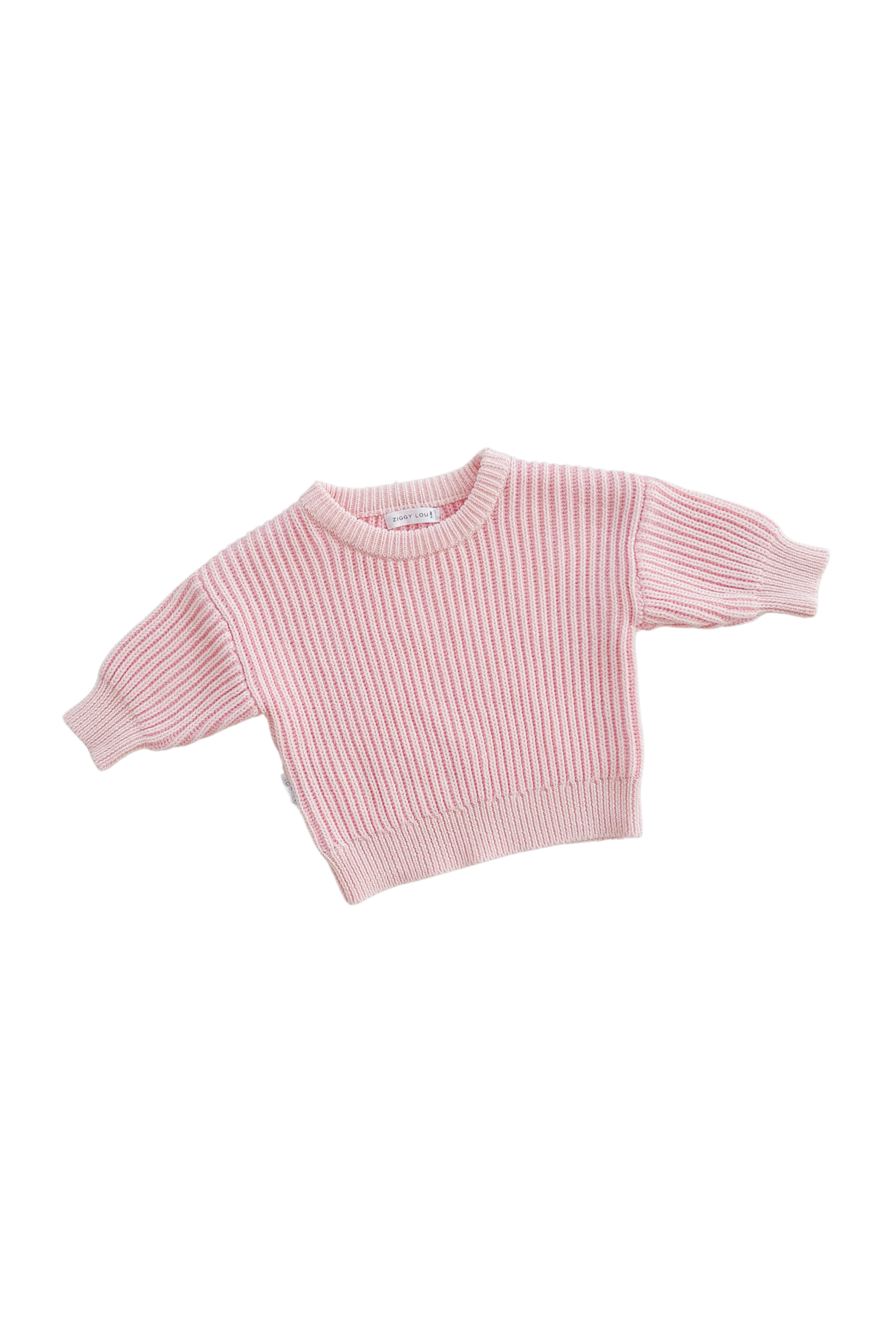 The Ziggy Lou - Jumper Penny by ZIGGY LOU is a light pink, long-sleeve, ribbed braided knit jumper for kids, made from 100% cotton and shown on a plain white background.