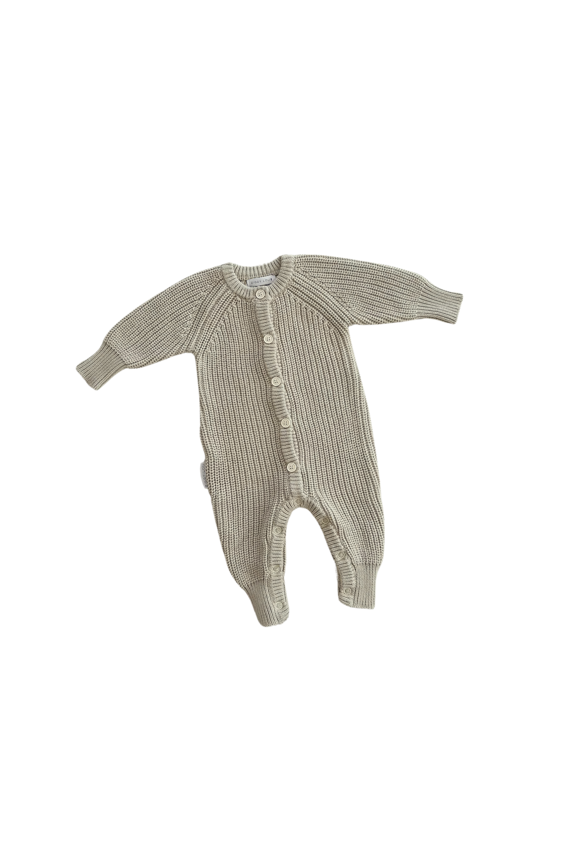 The ZIGGY LOU Ziggy Lou - Classic Knit Romper Moss is a long-sleeved, chunky knit baby romper with front buttons, shown laid flat on a black background.