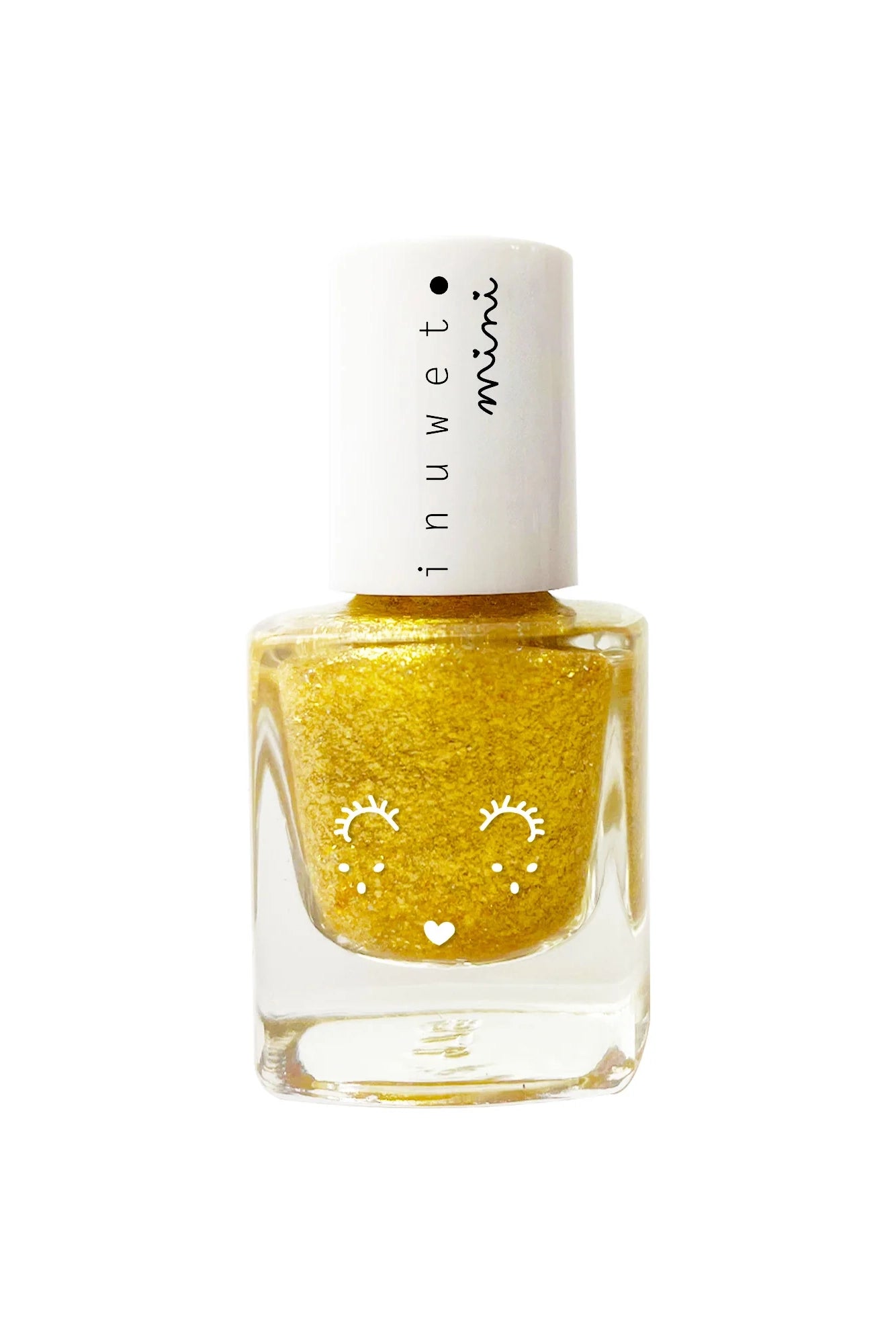 A petite bottle of sparkly yellow, water-based varnish for kids, featuring a white cap. The label says "La Maison Juliette Gift Box" by INUWET, with an adorable design on the front showcasing cute facial features like closed eyes, rosy cheeks, and a heart-shaped mouth.