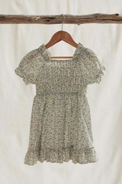 A light green Coorabell Dress from VALENCIA BYRON BAY, made of soft, breathable cotton with short puffy sleeves, hangs on a wooden hanger against a neutral background. The feminine dress features a gathered waist and a ruffled hem and is suspended from a rustic wooden rod above.