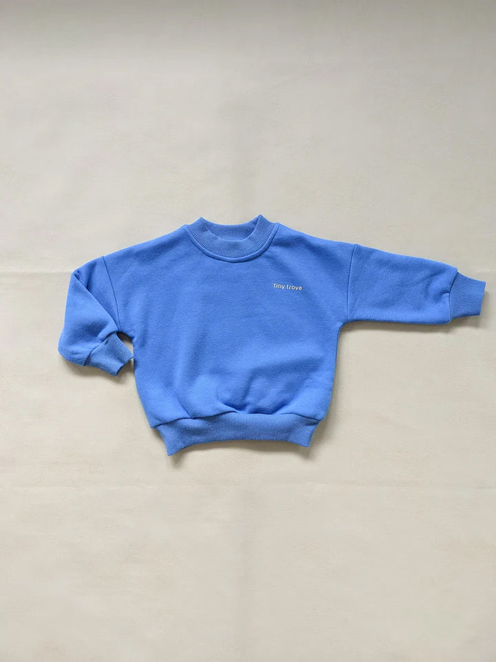 Introducing the "Woodie 3D Logo Tracksuit Ocean" from TINY TROVE—a light blue long-sleeve sweatshirt made of fleece cotton, featuring "tiny love" embroidered in small white text on the left chest. This comfortable piece includes ribbed cuffs and a ribbed hem, and is displayed against a neutral background.